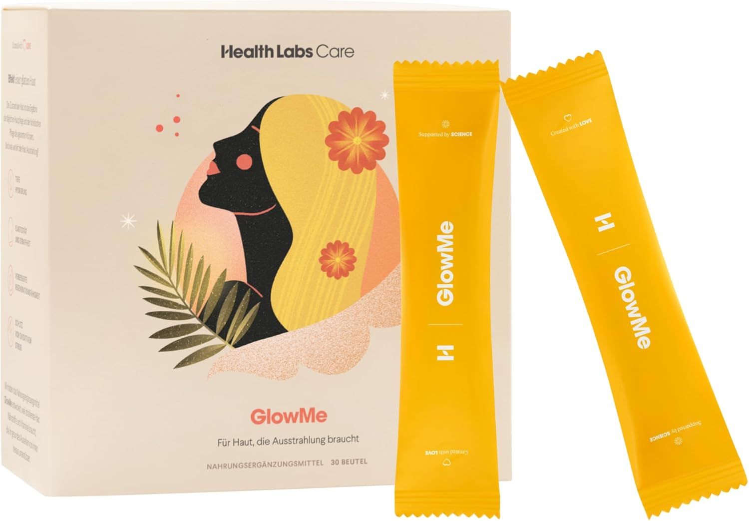 Produktverpackung und gelbe Beutel. Text: Health Labs Care. Text: GlowMe. Text: Für Haut, die Ausstrahlung braucht. 30 Beutel.