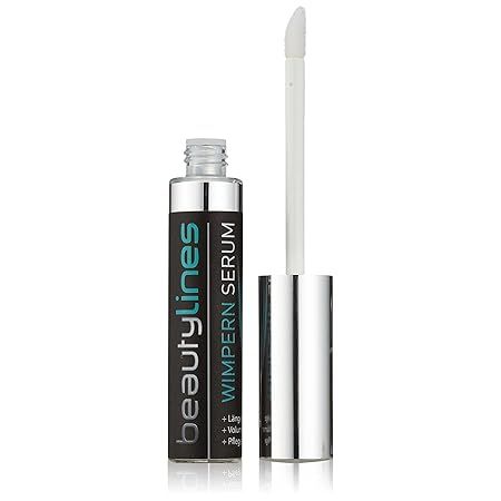 Beautylines Wimpernserum-Flasche mit Applikator. Flasche mit silbernem Deckel und schwarzem Etikett. Applikator mit weißem Pinsel.