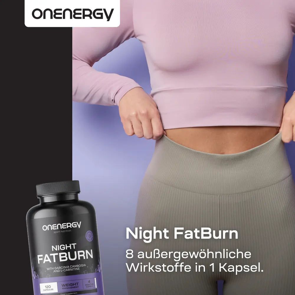 Frau in Sportkleidung. Flasche mit ONENERGY Night FatBurn. Text: 8 außergewöhnliche Wirkstoffe in 1 Kapsel.