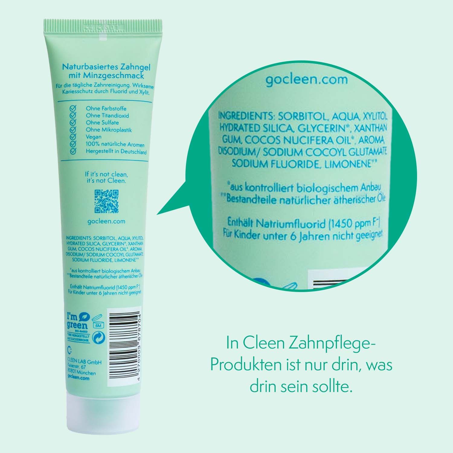 Nahaufnahme der Tube mit Inhaltsstoffen. Text: Inhaltsstoffe, gocleen.com, und weitere Informationen.