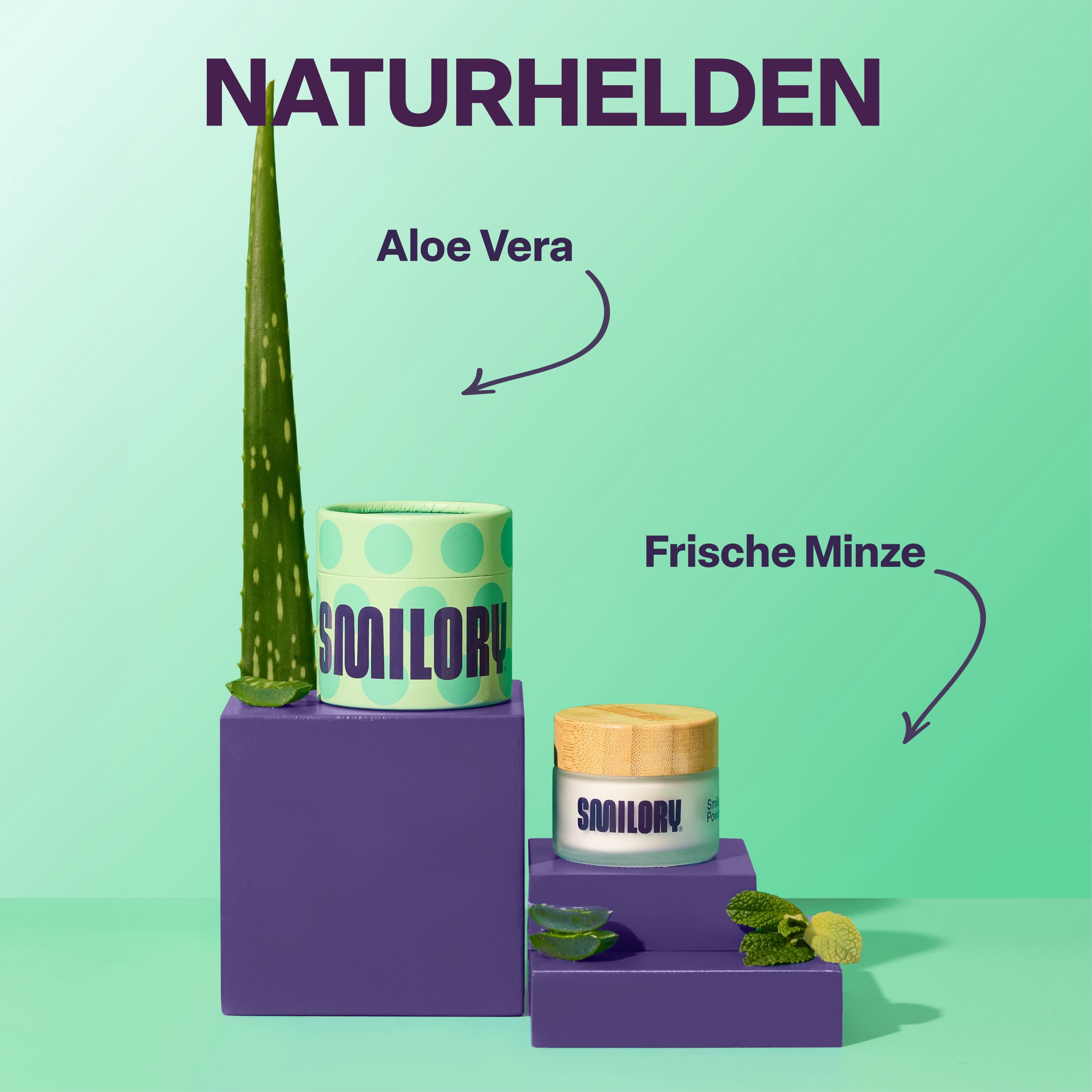 Produkt auf Podesten. Ein grüner Zylinder mit „SMILORY“-Schriftzug. Daneben ein Glas mit Holzdeckel. Pfeile zeigen auf Aloe Vera und Minze.
