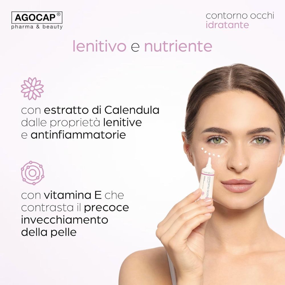 Frau mit Produkt. Produkt: Contorno occhi. Marke: Agocap. Text: lenitivo e nutriente.