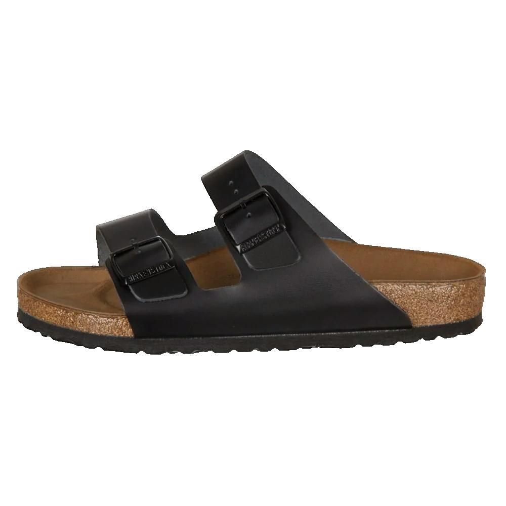 Sandalo nero con due cinturini e fibbie. Plantare in sughero. Marchio visibile sulle fibbie.
