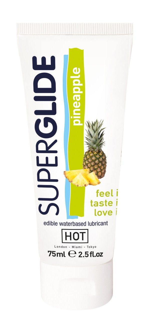 Weiße Tube mit "SUPERGLIDE"-Schriftzug. Ananas-Illustration. Text: "edible waterbased lubricant". Marke: "HOT".