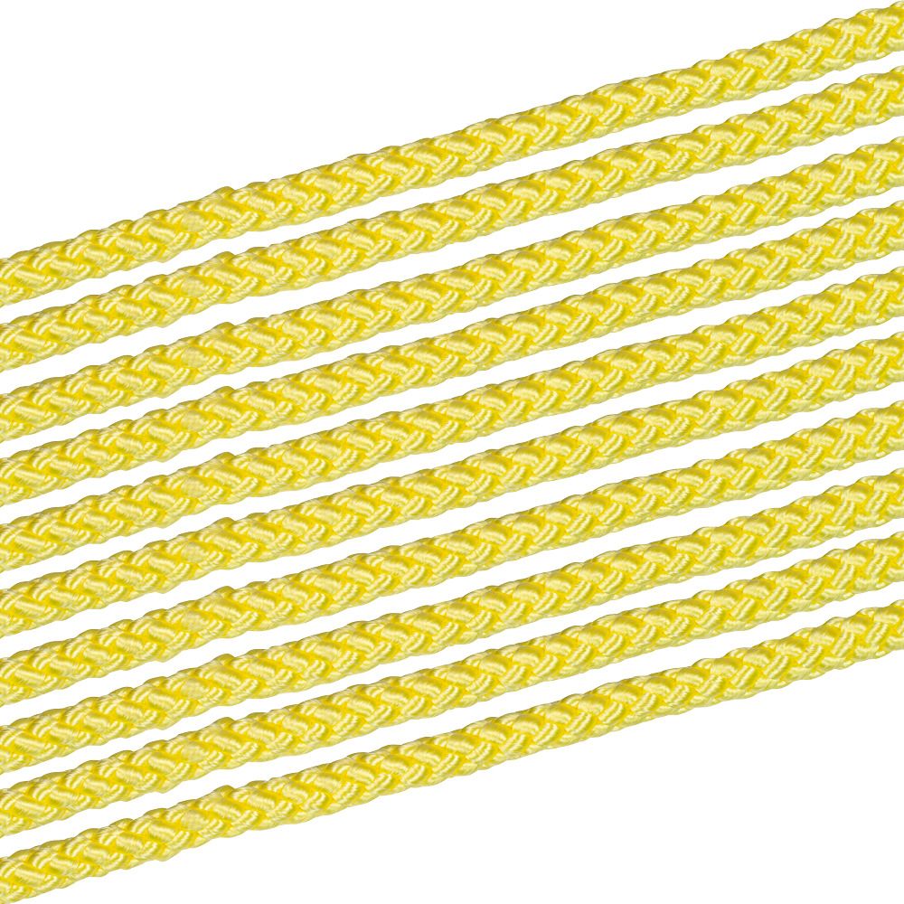 Gelbe Gymnastikseile, parallel angeordnet. Geflochtenes Material. Auf weißem Hintergrund.
