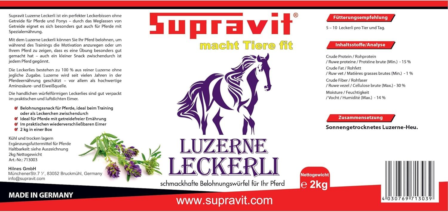 Etikett für Luzerne Leckerli. Logo: Supravit, Text: macht Tiere fit, Luzerne Leckerli, 2 kg. Inhaltsstoffe und Fütterungsempfehlung.