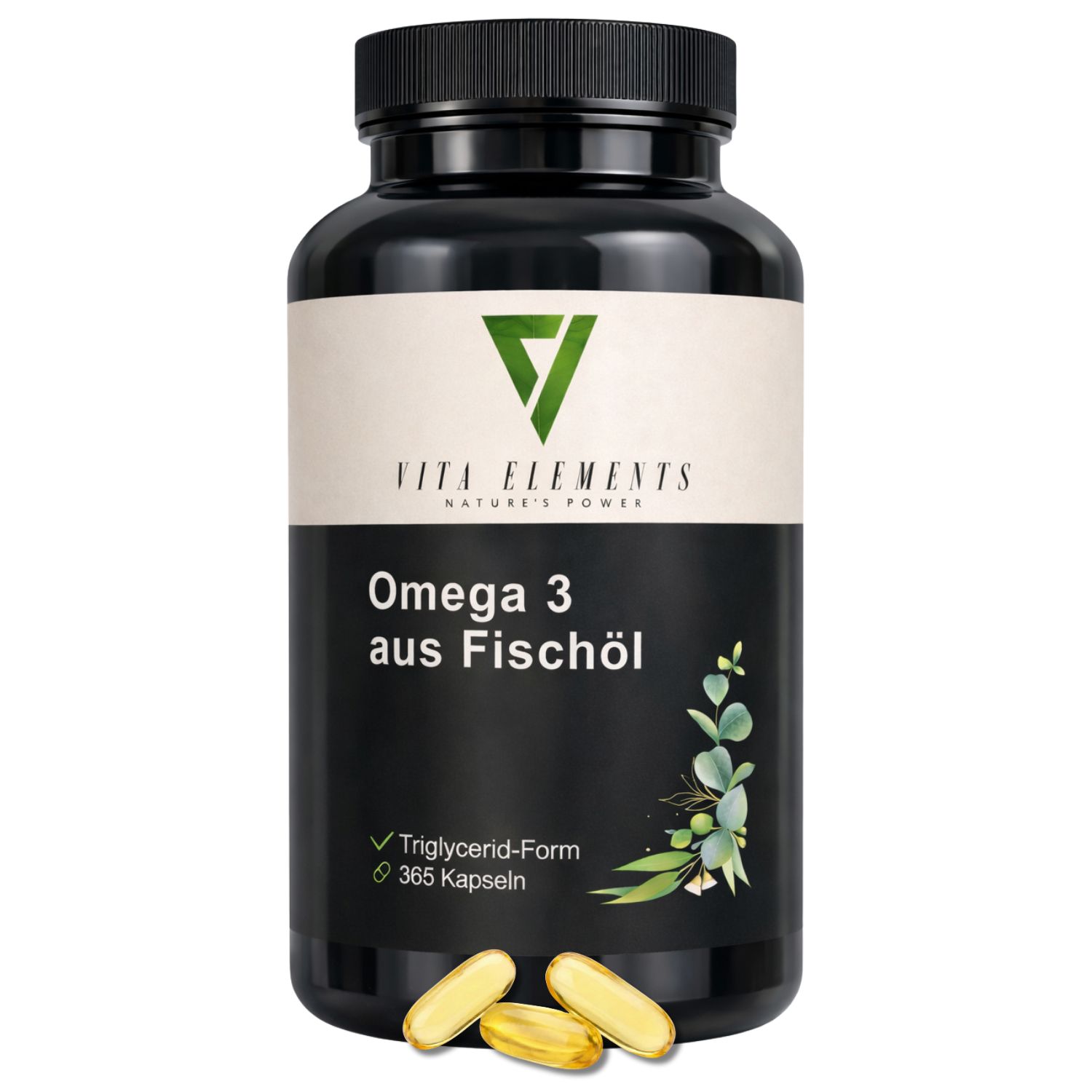 Schwarze Dose mit Vita Elements Omega 3 Fischöl Kapseln, 365 Kapseln.