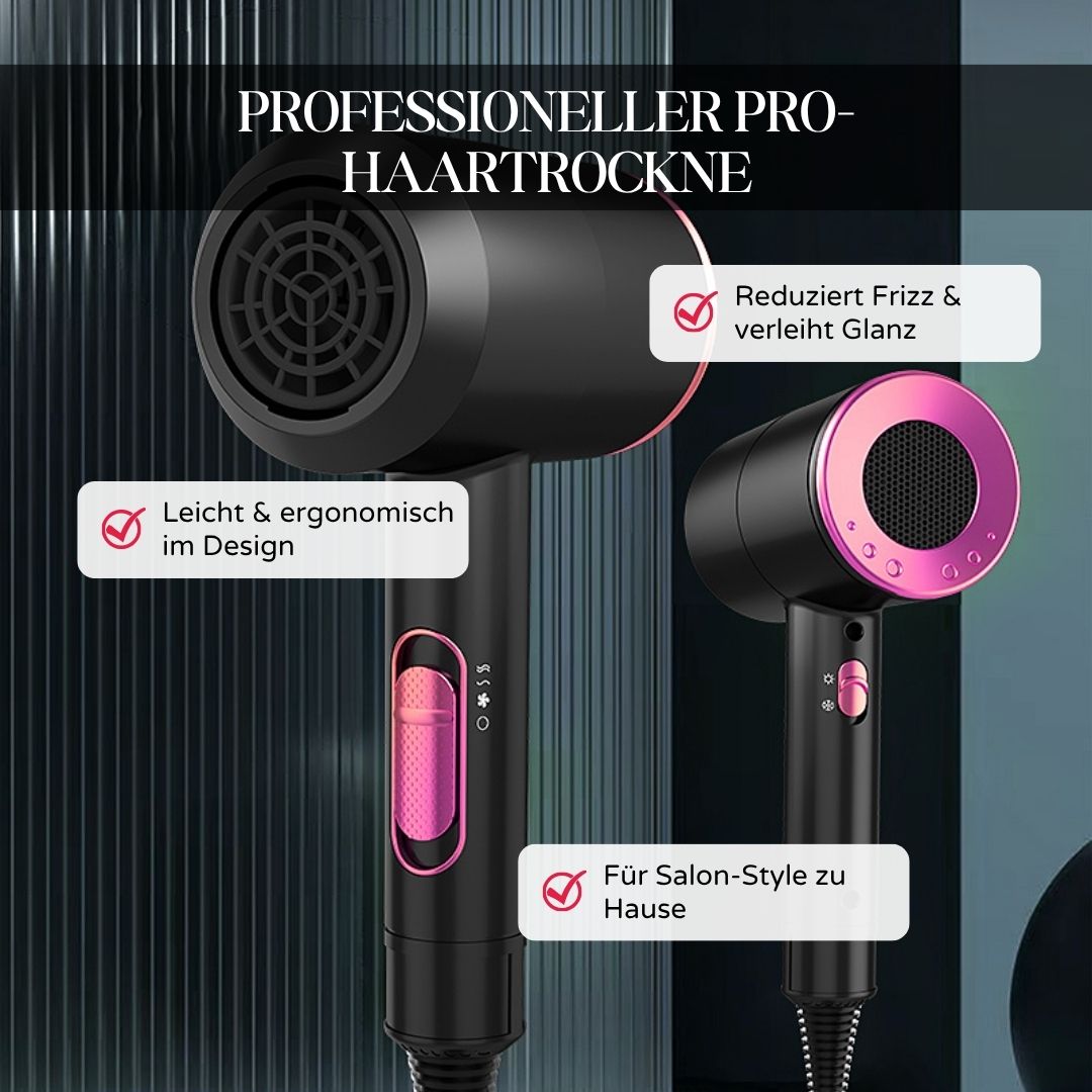 Zwei Haartrockner. Text: Professioneller Pro-Haartrockner. Merkmale: reduziert Frizz, leichtes Design, für Salon-Style zu Hause.