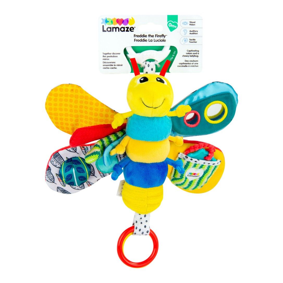 Spielzeug-Glühwürmchen mit Verpackung. Gelber Kopf, bunte Körpersegmente, Ringe. Verpackung mit Produktnamen.