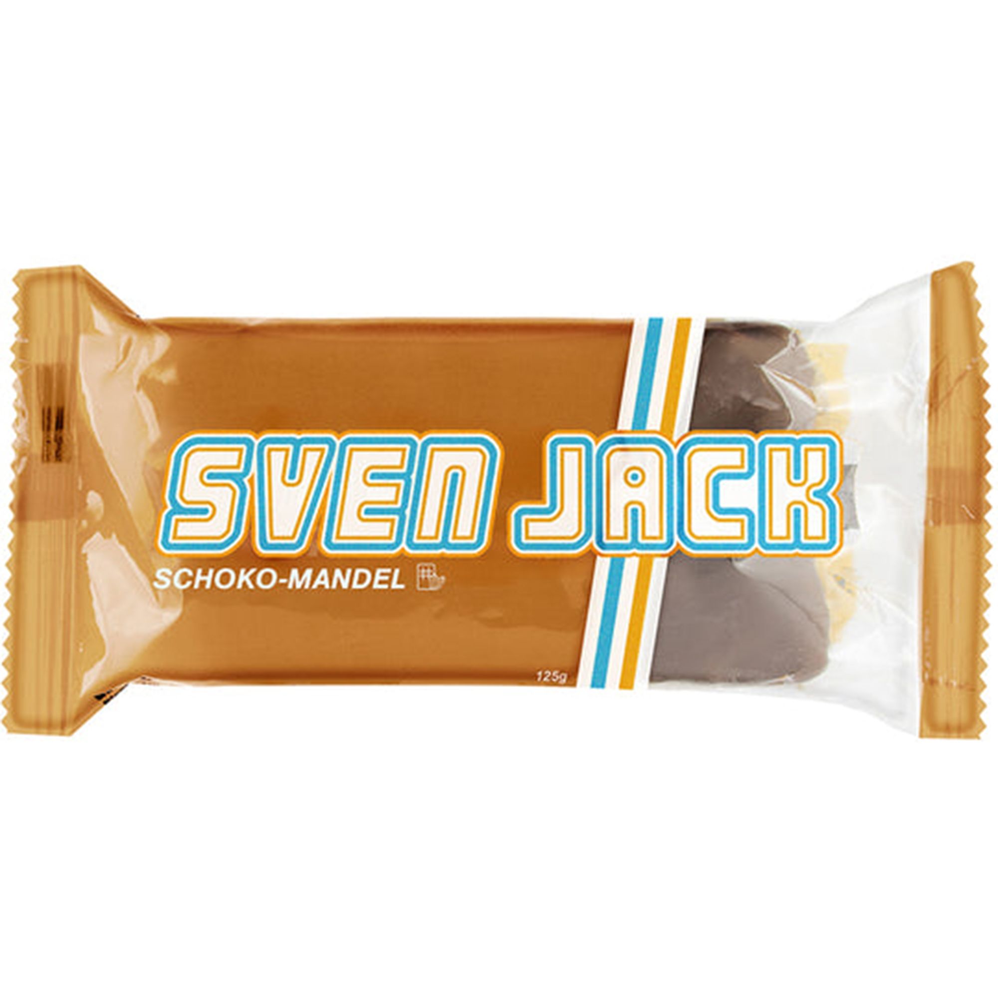 Verpackte Energie-Cake. Aufschrift "SVEN JACK SCHOKO-MANDEL". Transparente Verpackung. Braune und weiße Streifen.