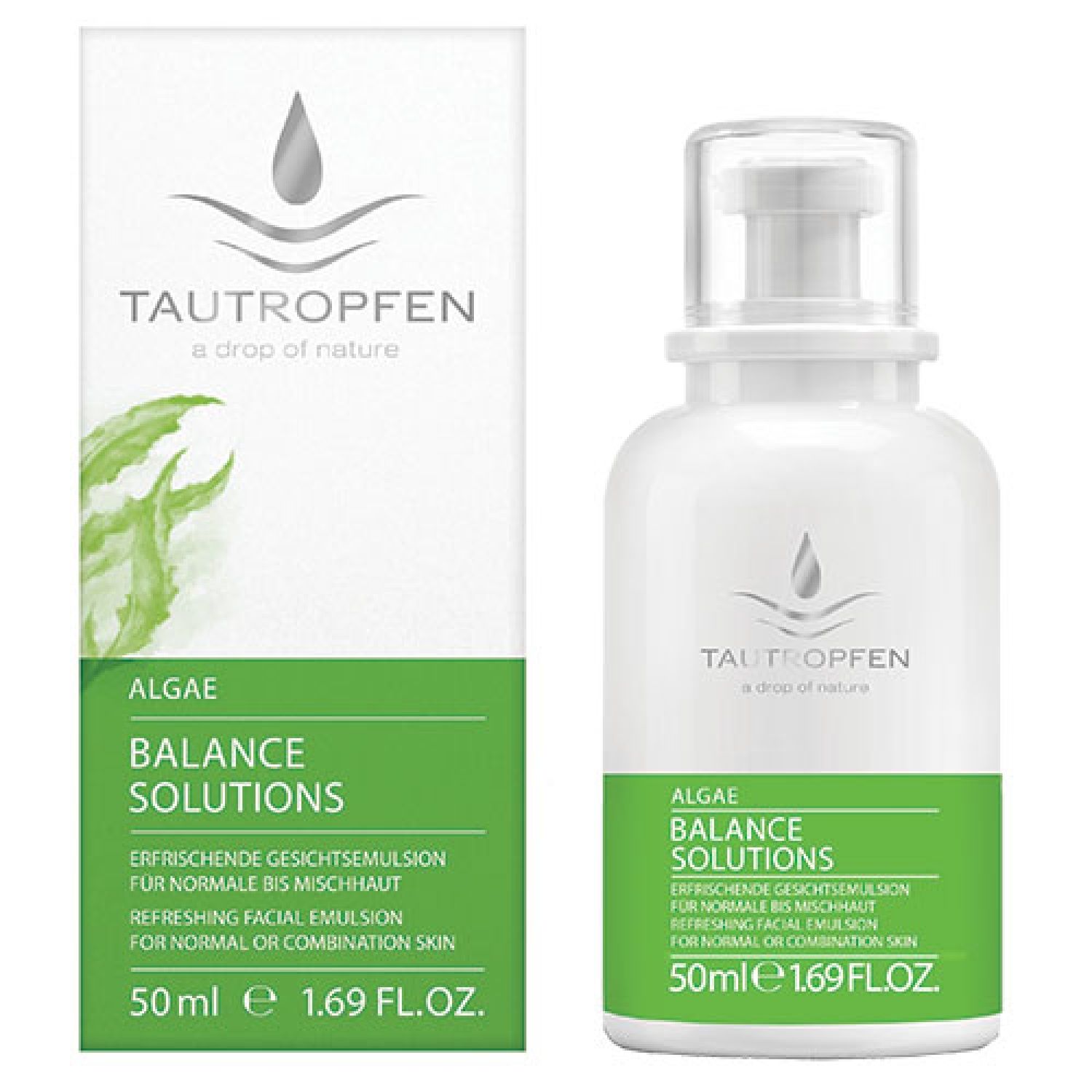 Weiße Flasche mit Dosierkopf und Karton. Aufschrift: Tautropfen, Alge Balance Solutions, erfrischende Gesichtsemulsion.
