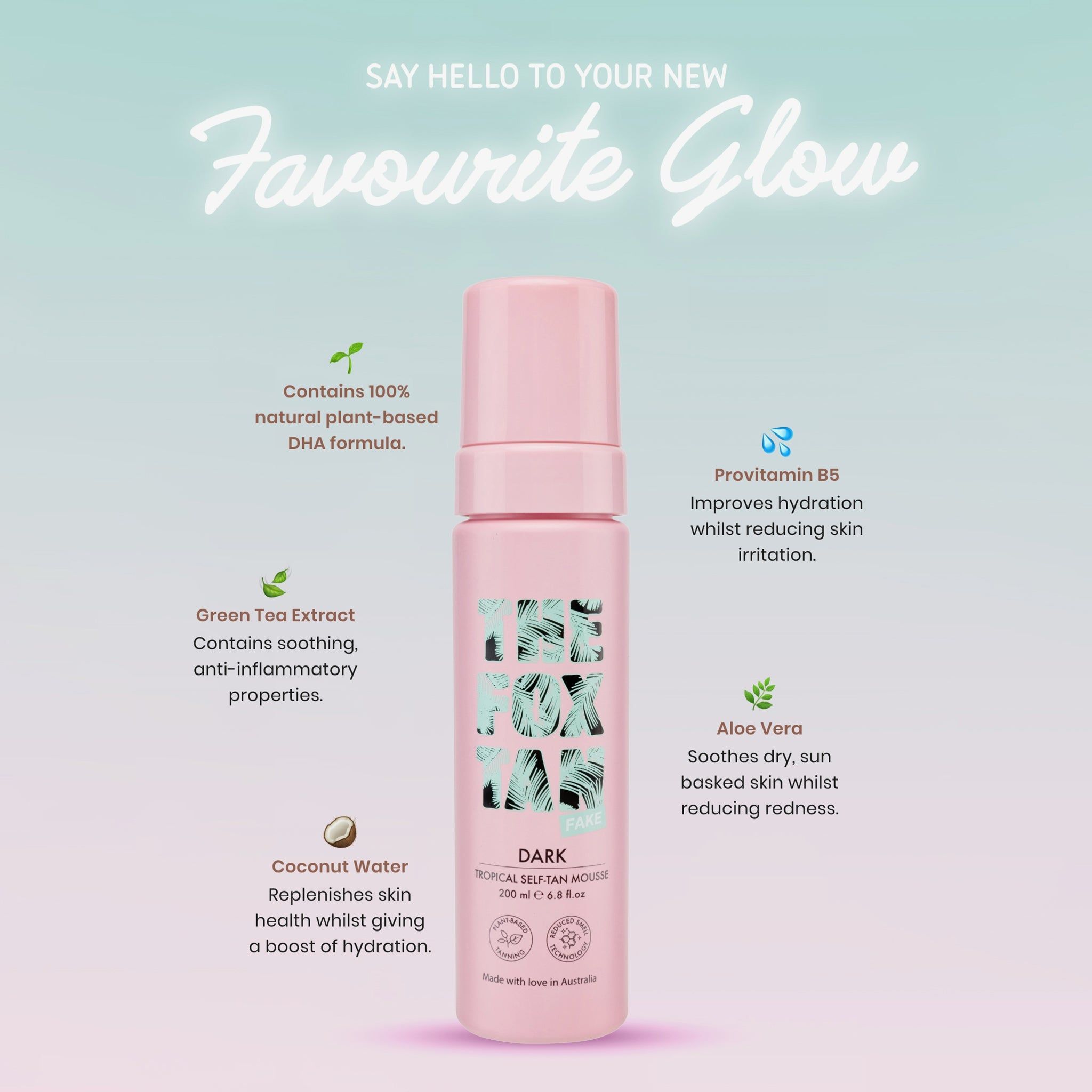 Rosa Flasche THE FOX TAN DARK Tropical Self-Tan Mousse. Text mit Inhaltsstoffen und Vorteilen.