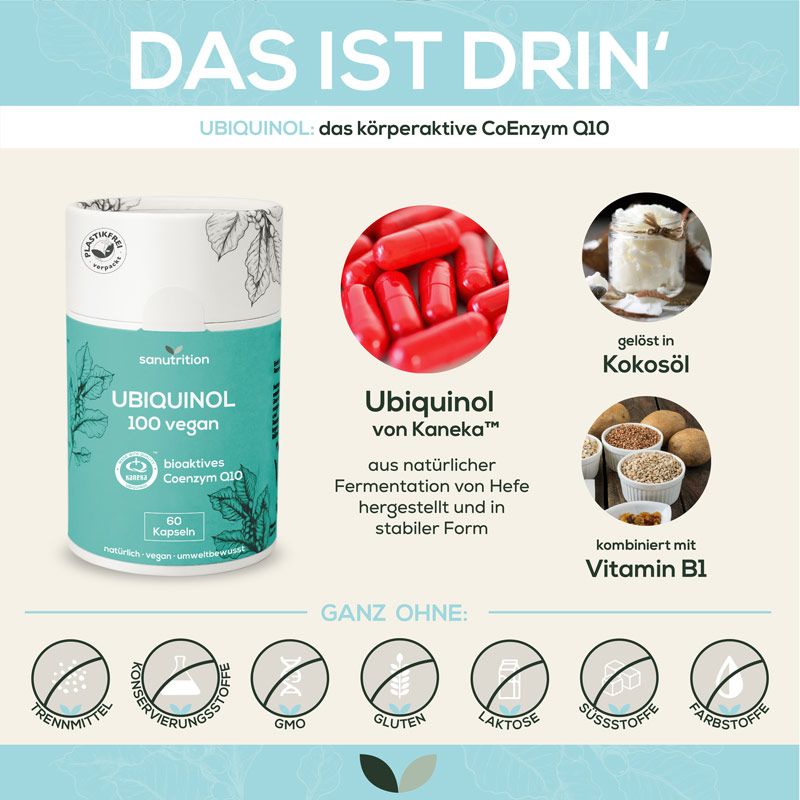 Produkt und Inhaltsstoffe. 'Ubiquinol 100 vegan' mit Kapseln, Kokosöl, Vitamin B1. '60 Kapseln'.