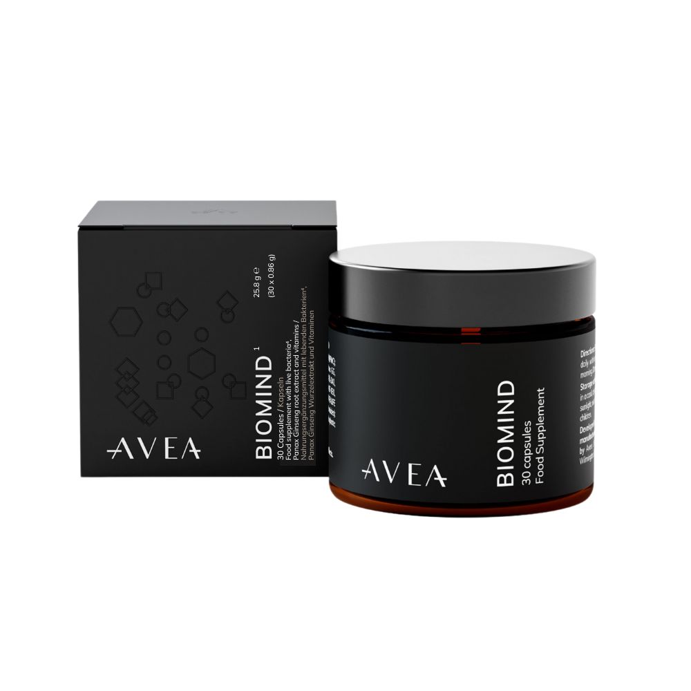 Schwarze Schachtel und Dose. Aufschrift: Avea Biomind, 30 Kapseln. Dose mit weißem Deckel. Schwarze Schrift.