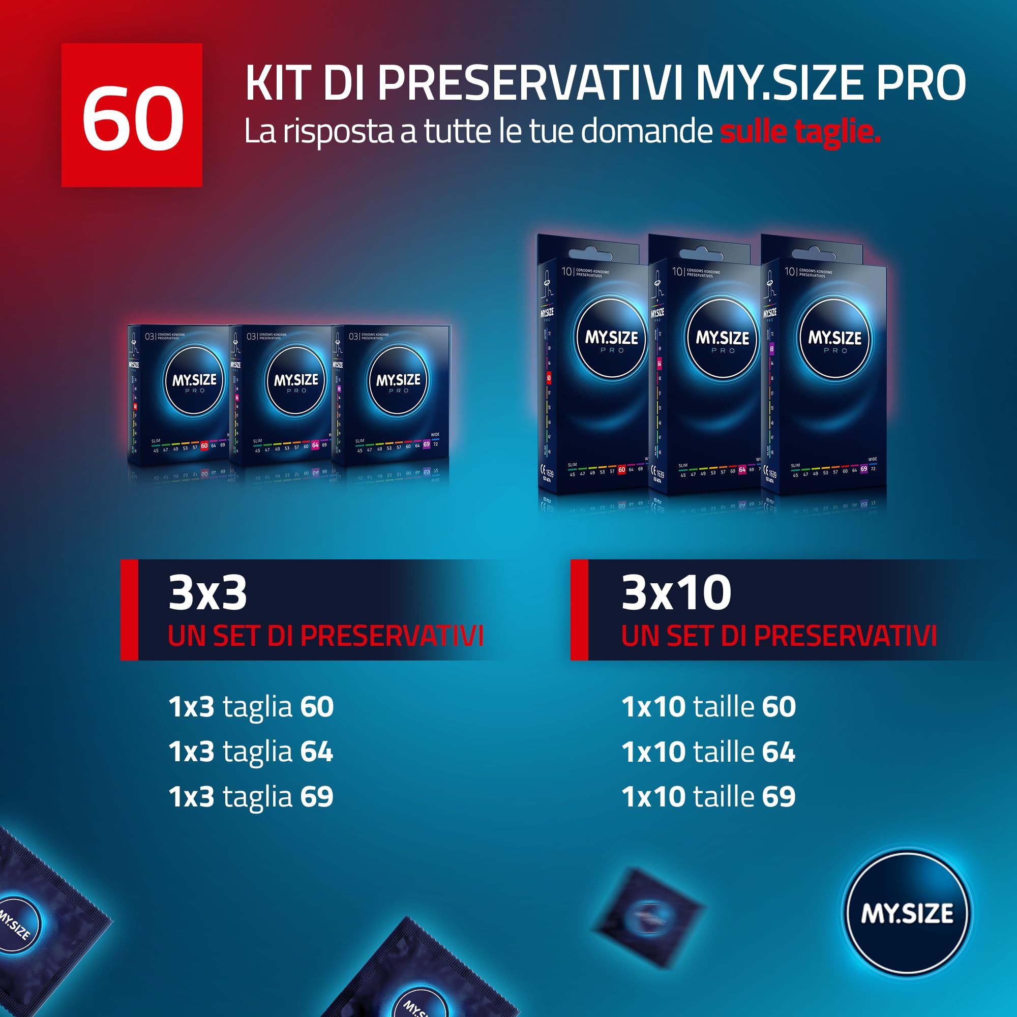 MY.SIZE PRO ELITE Kondome, Größe 60mm. Packung mit 80 Stück und Einzelverpackungen.
