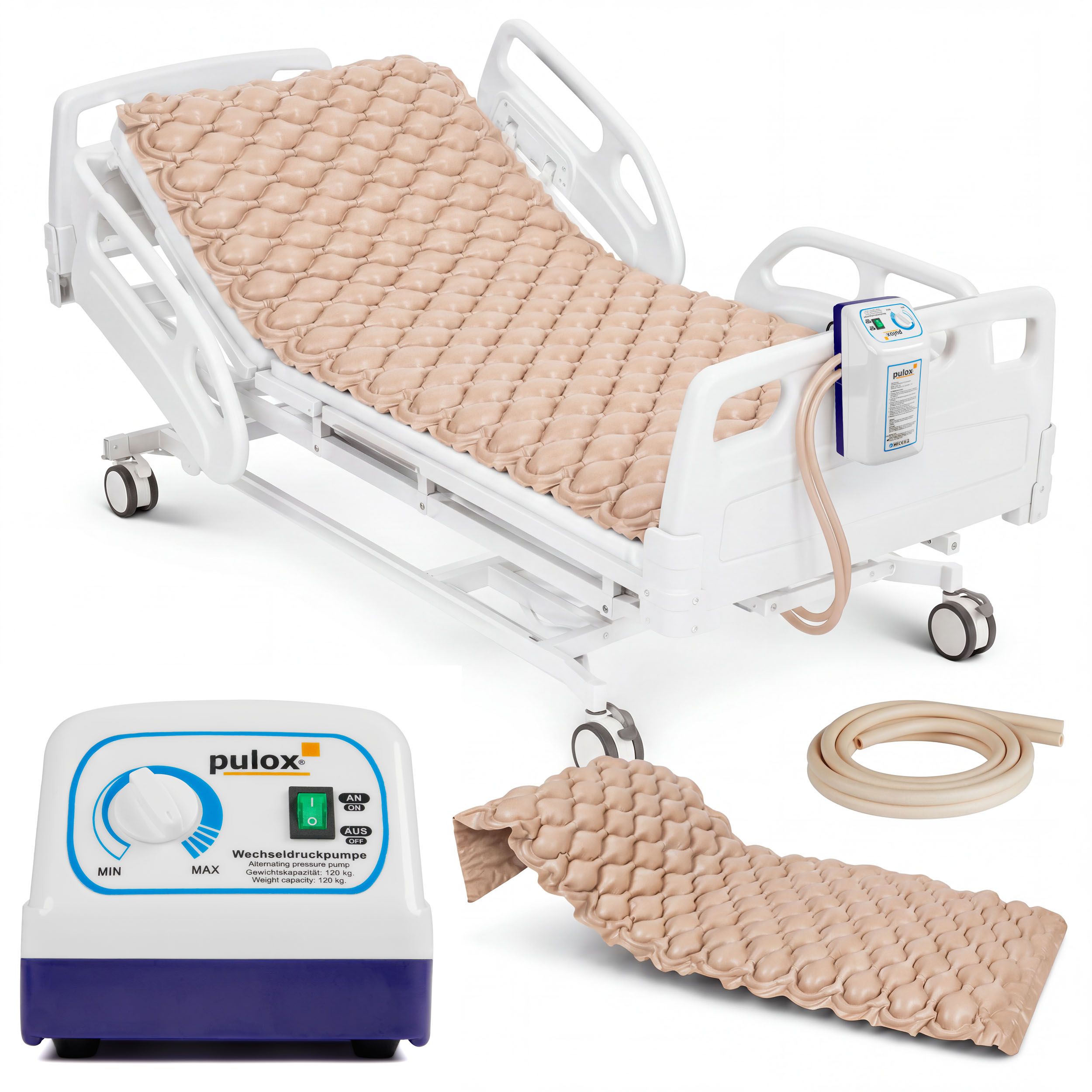 Beige Antidekubitusmatratze mit Wechseldruckpumpe auf einem Krankenhausbett.