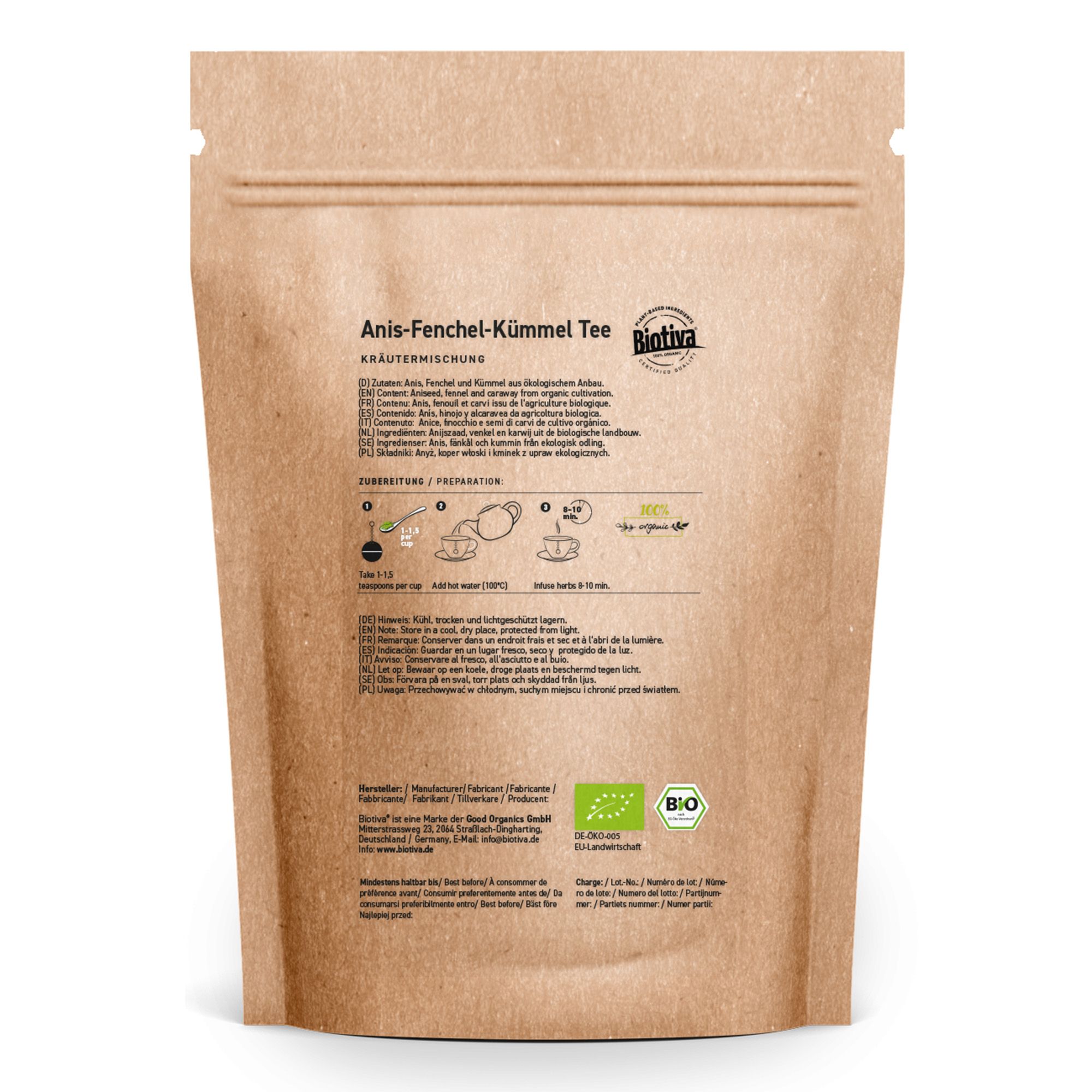 Rückseite der Tee-Verpackung. Text mit Zubereitungshinweisen und Bio-Zertifizierung.