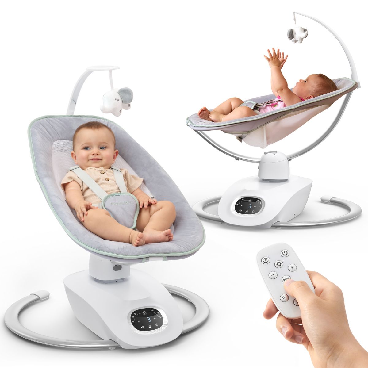 Due altalene elettriche. Bambino in una, telecomando. Sedute grigie, basi bianche.