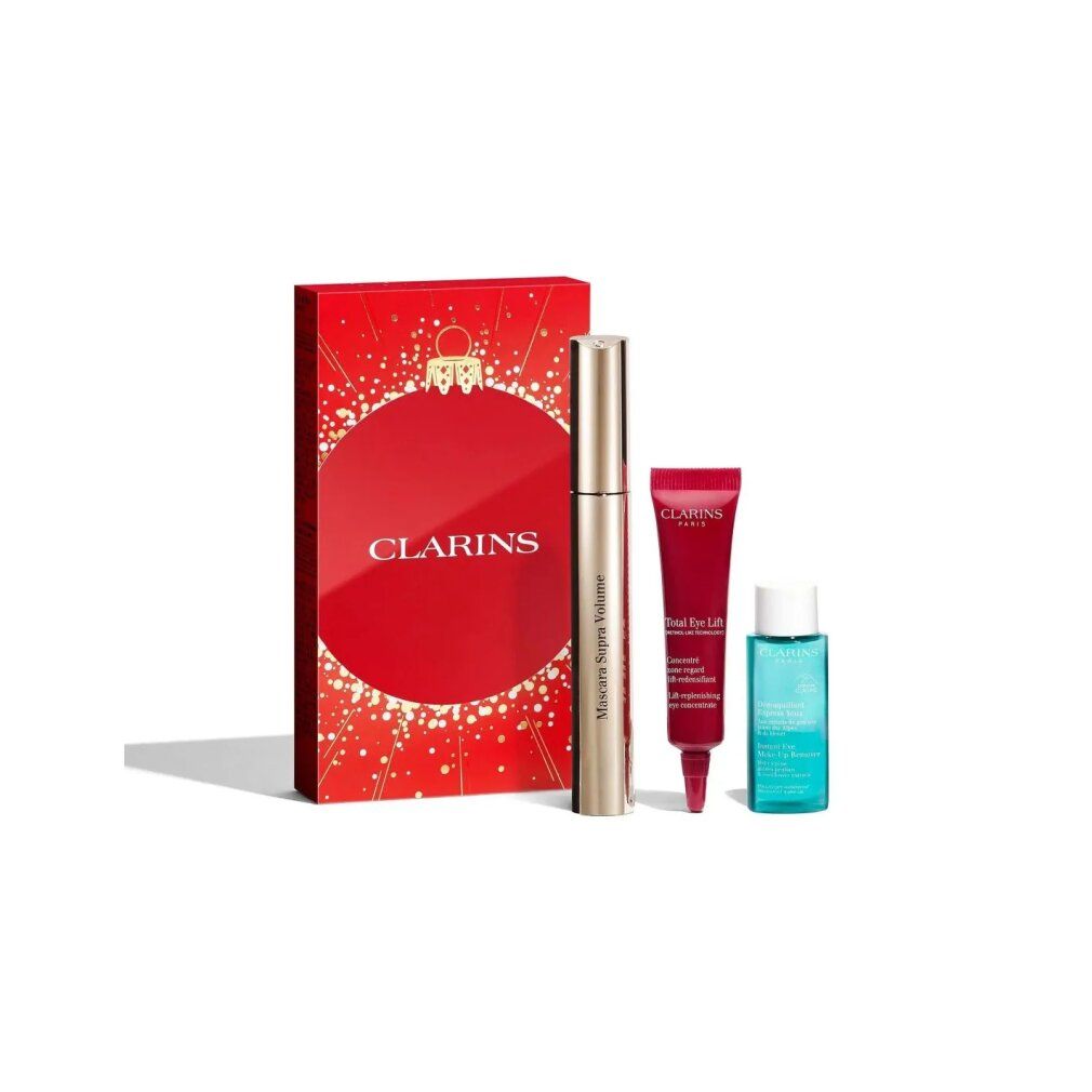 Geschenkset mit roter Verpackung, Mascara, Augencreme und Reinigungslotion. Clarins-Logo auf der Verpackung.