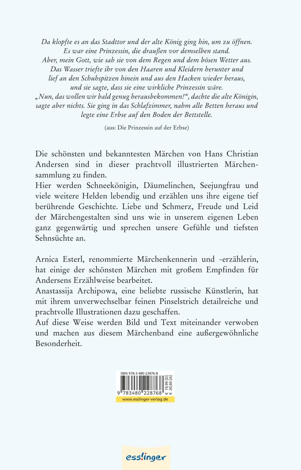 Rückseite des Buches "Die schönsten Märchen von Hans Christian Andersen". Text und Logo des Verlags Esslinger.
