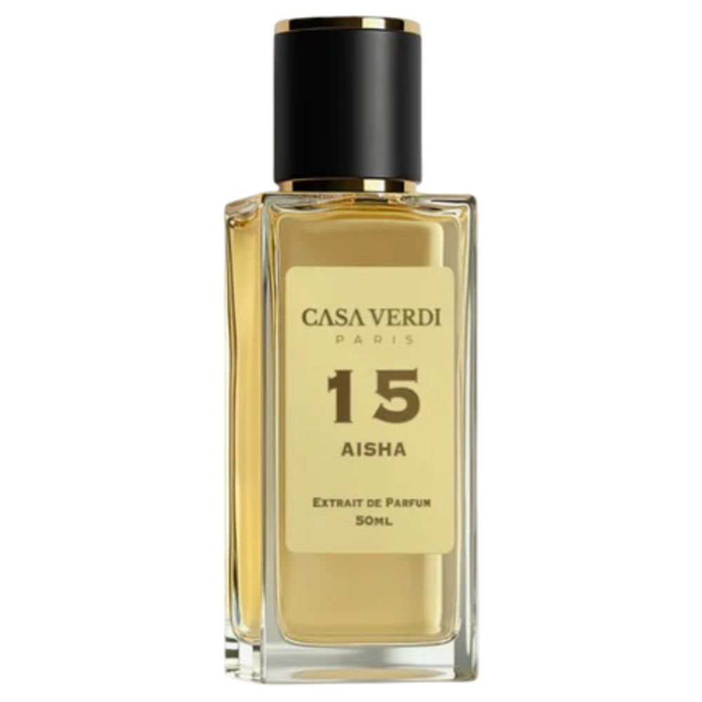 Parfümflakon mit schwarzem Deckel. Aufschrift: Casa Verdi, 15 Aisha, Extrait de Parfum.