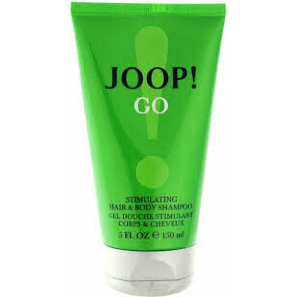 Grüne Tube mit JOOP! GO-Logo. Enthält Haar- und Körpershampoo. 5 FL. OZ. und 150 ml.