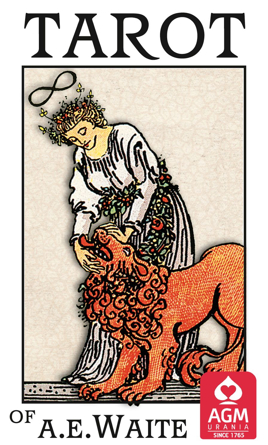 Tarot-Kartendeck mit Illustration. Titel: Tarot of A.E. Waite. Künstlerische Darstellung einer Frau und eines Löwen.