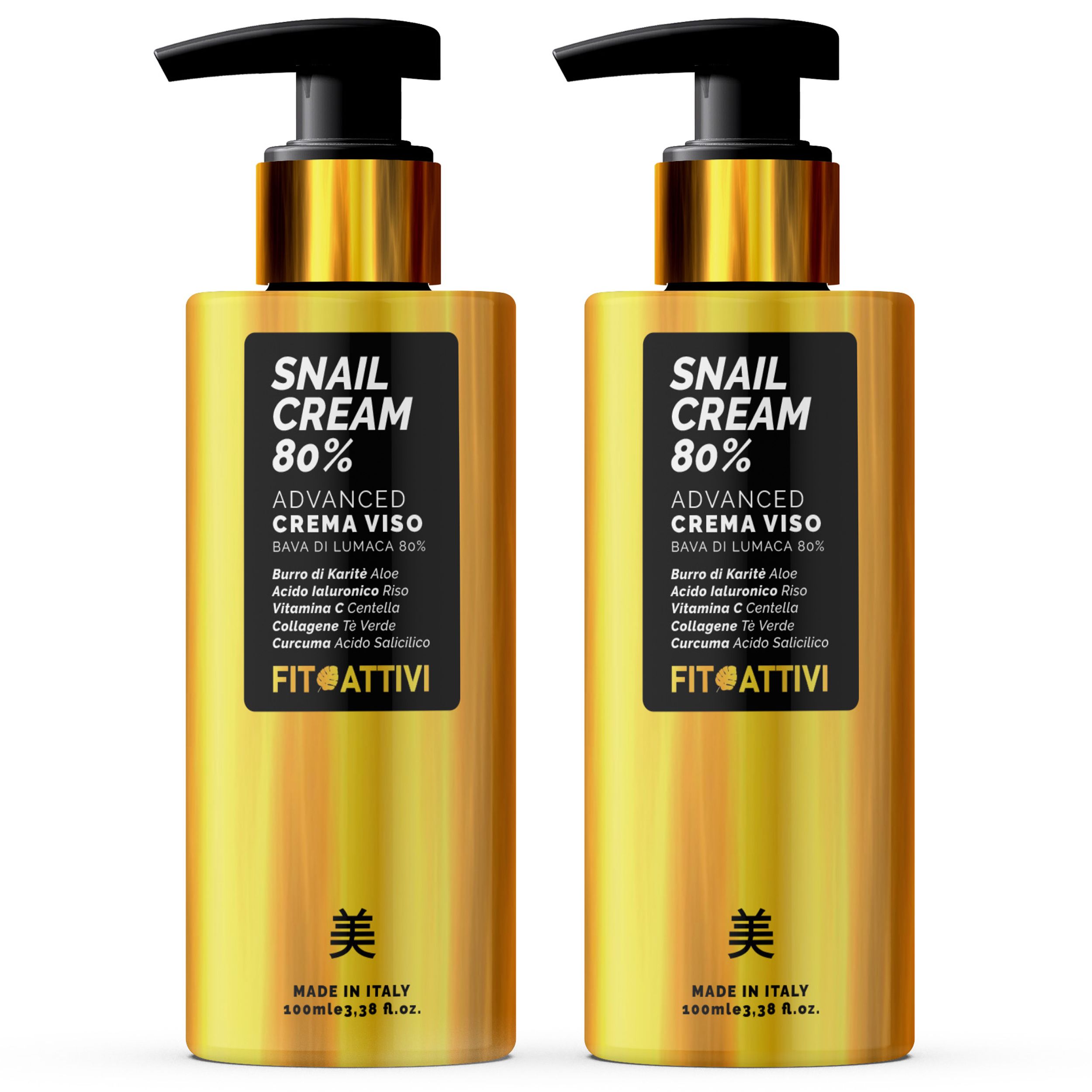 Zwei goldfarbene Flaschen mit schwarzem Pumpkopf. Aufkleber mit Text: SNAIL CREAM 80%, ADVANCED CREMA VISO, FITOATTIVI. Made in Italy.