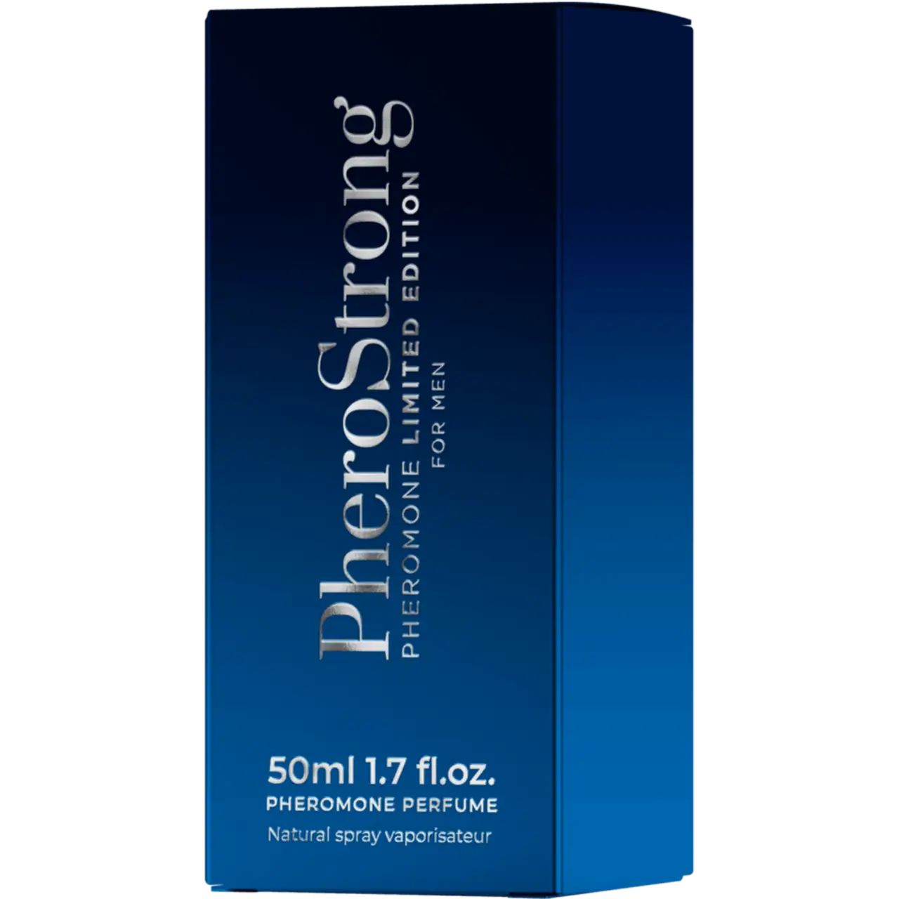 Blaue Produktverpackung. Aufschrift: PheroStrong, Limited Edition, For Men. Unterhalb: 50ml, 1.7 fl.oz. Pheromone Perfume.