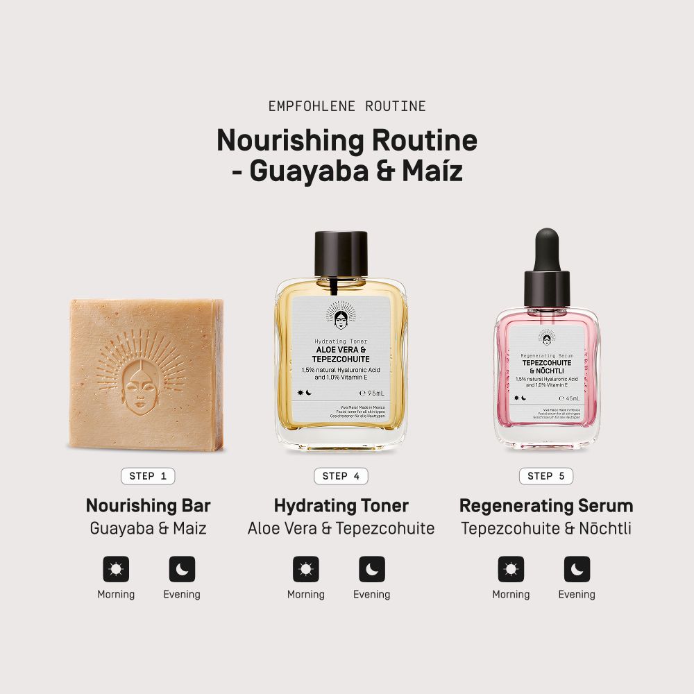 Viva Maia Nourishing Routine: Nourishing Bar Guayaba & Maíz, Hydrating Toner, Regenerating Serum.