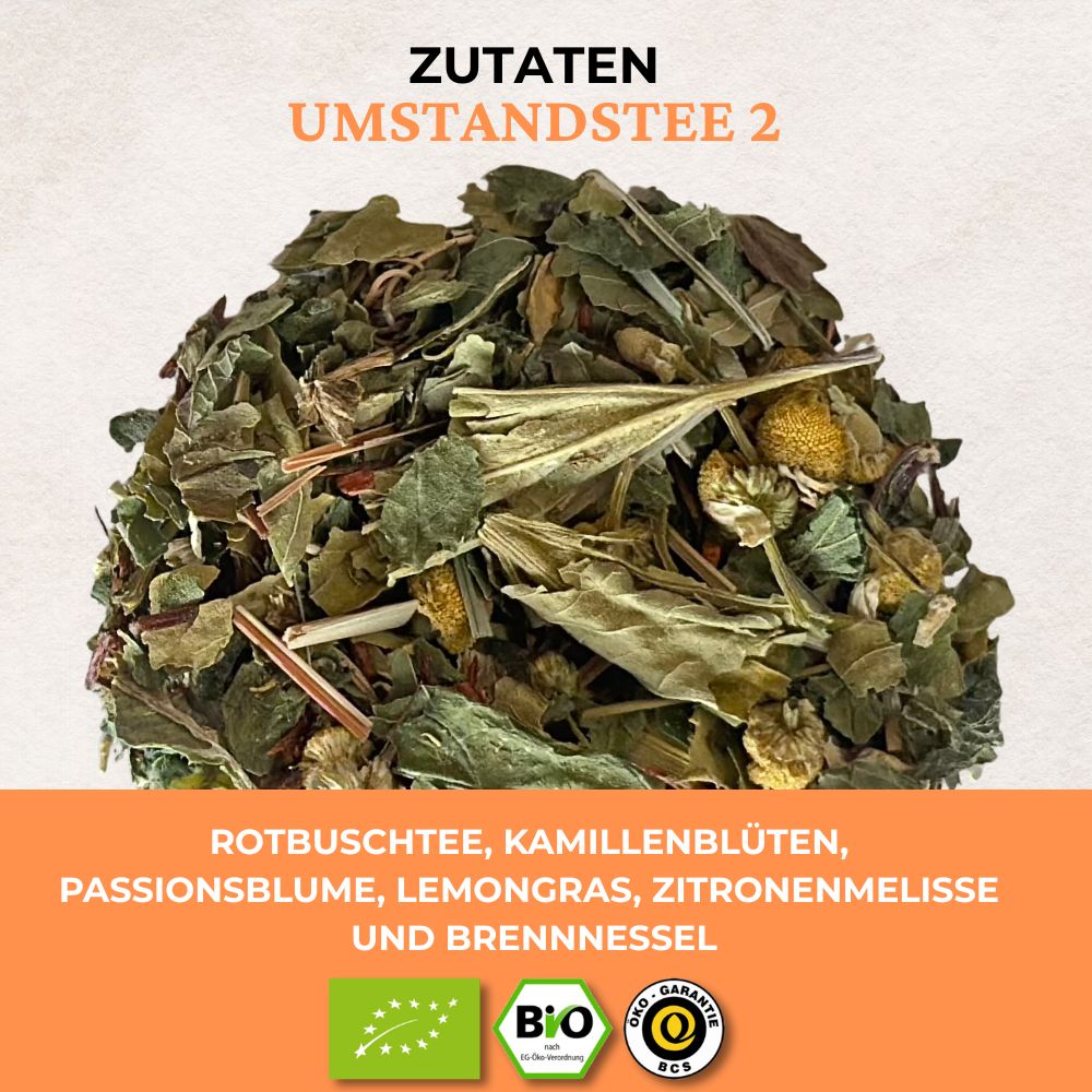 Haufen loser Kräuter. Zutaten: Rotbuschtee, Kamillenblüten, Passionsblume, Zitronenmelisse, Brennnessel und Lemongras. Bio-Siegel.