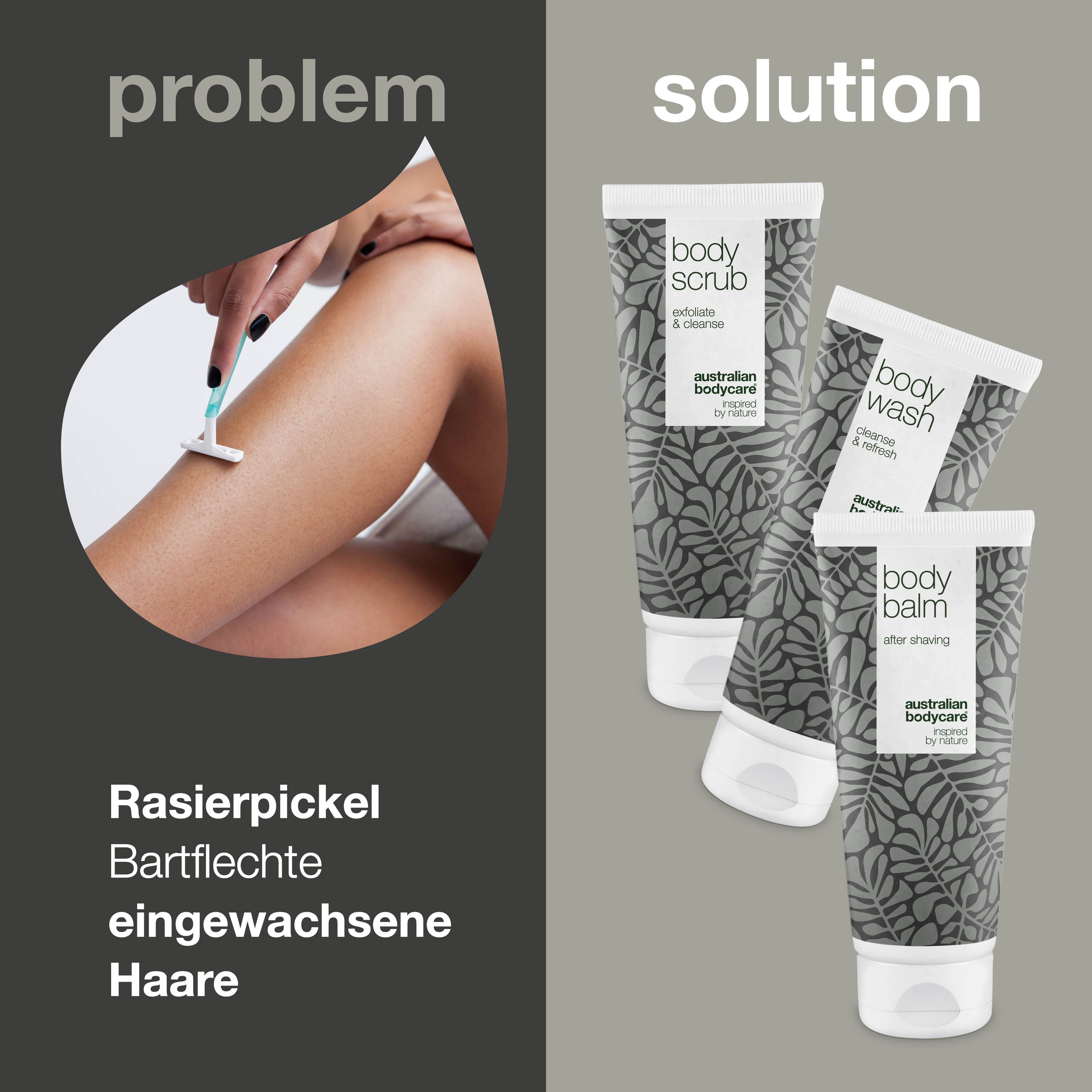 Illustration: Beinrasur. Problem: Rasierpickel, eingewachsene Haare. Lösung: Body Scrub, Body Wash, Body Balm.