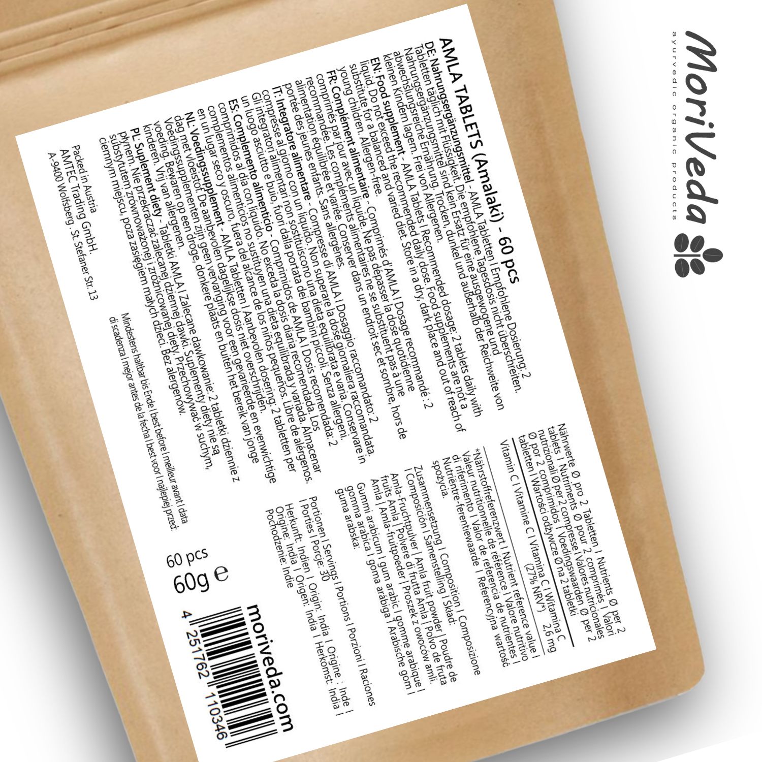 Moriveda Amla Tabletten – 1000 mg natürliches Vitamin C, Antioxidans, Chrom, vegan
