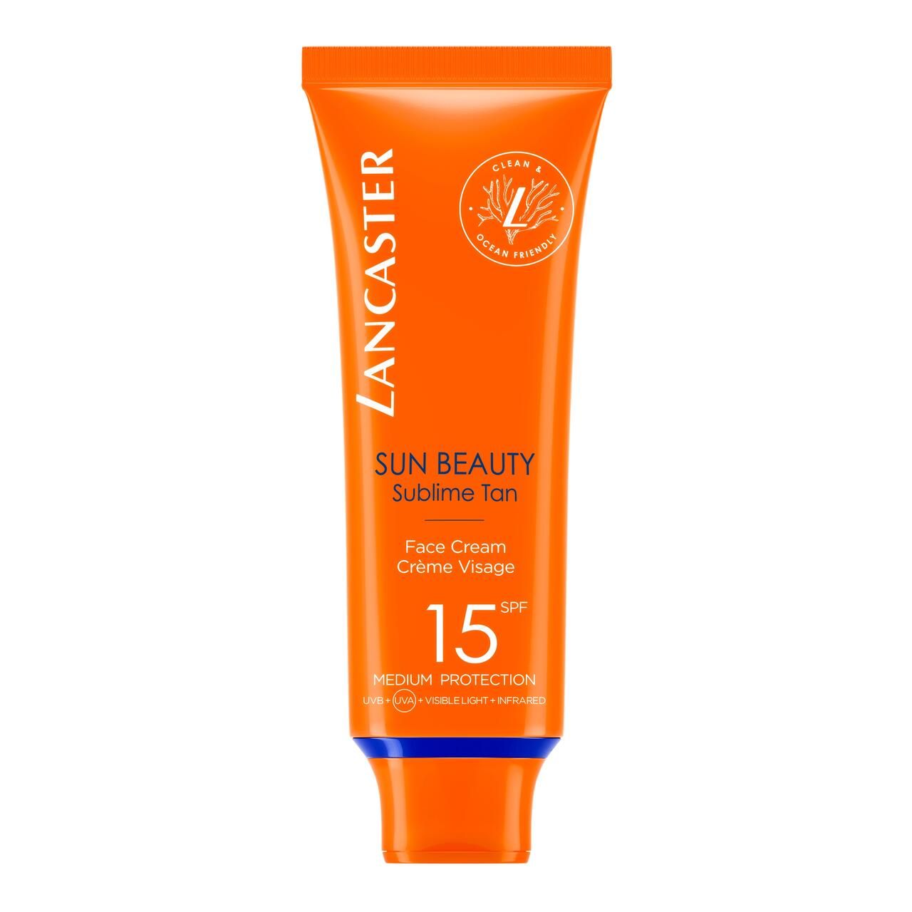 Orangefarbene Tube mit Produktinformationen. Text: Lancaster, Sun Beauty, SPF 15. 'Clean & Ocean Friendly'.