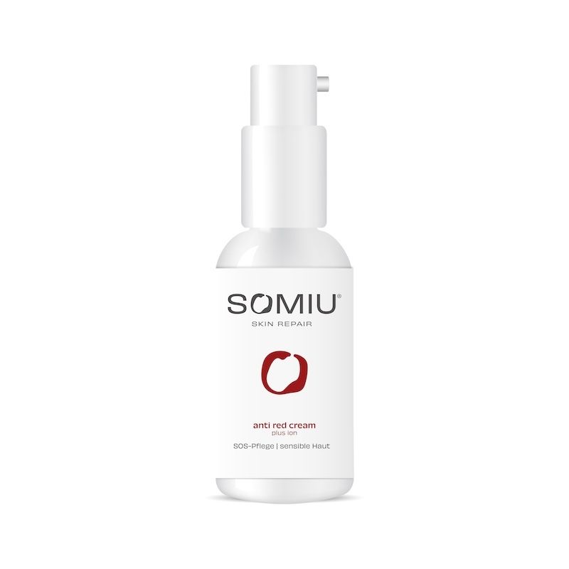 Weiße Flasche mit Pumpkopf. Aufschrift: SOMIU SKIN REPAIR, anti red cream plus ion. Rotes Logo und Text darunter.