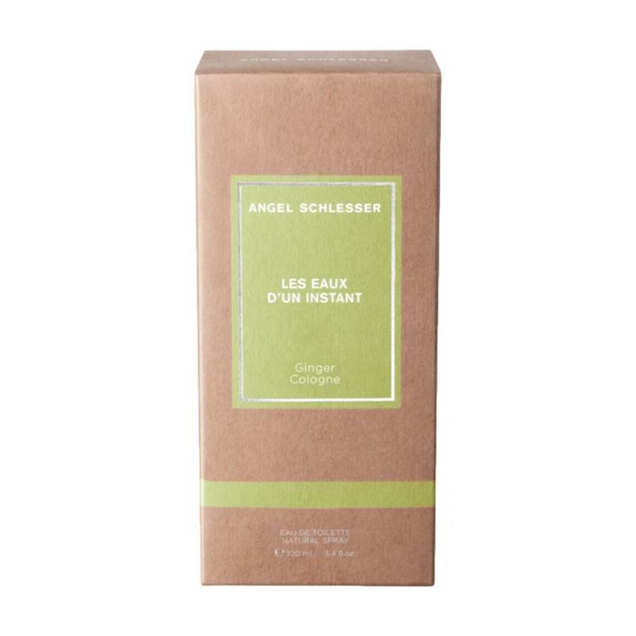 Braune Verpackung mit grünem Etikett. Auf dem Etikett: Angel Schlesser, Les Eaux d'un Instant, Ginger Cologne.