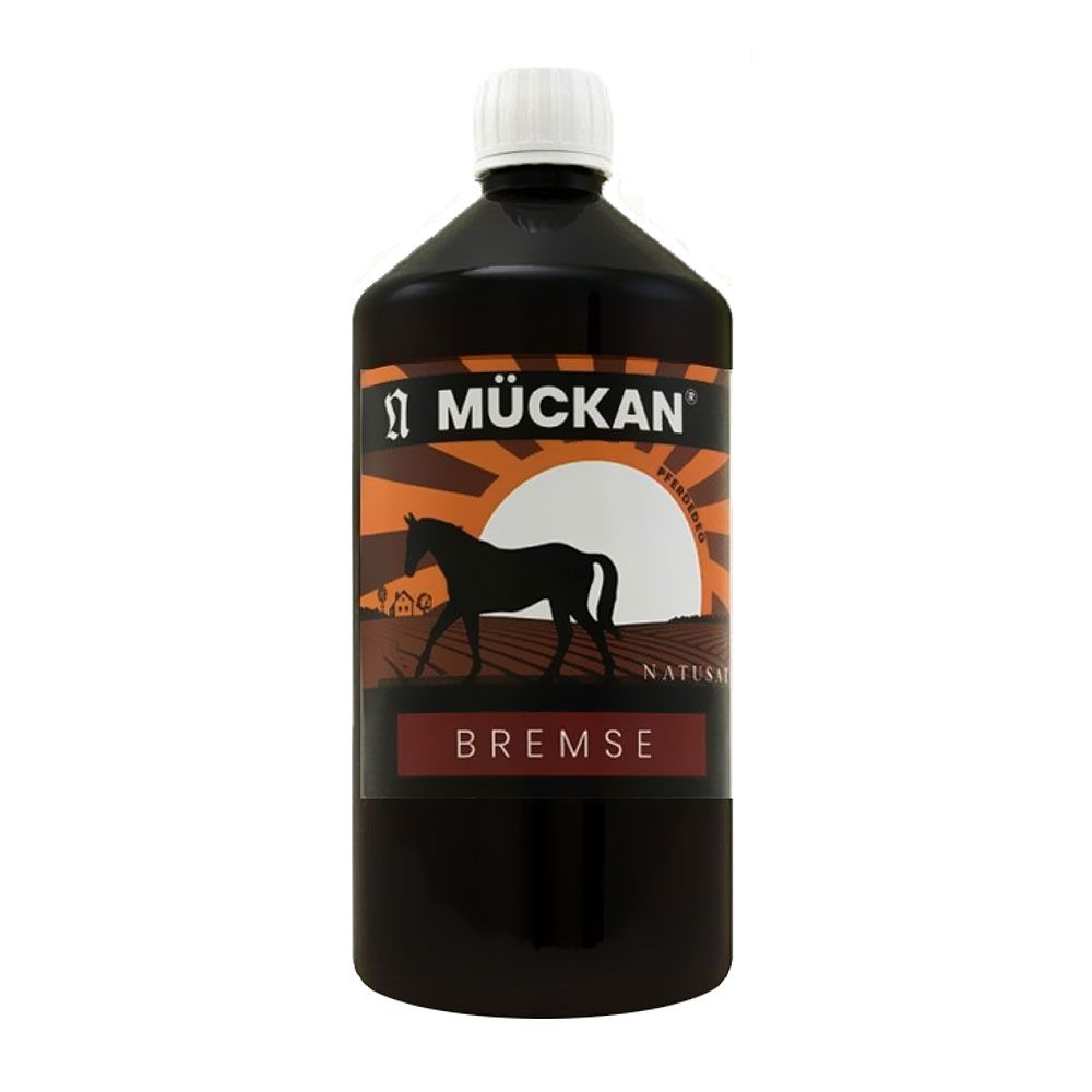 Braune Flasche mit weißem Deckel. Aufkleber mit Logo, Pferd und Schriftzug Mückan Bremse.
