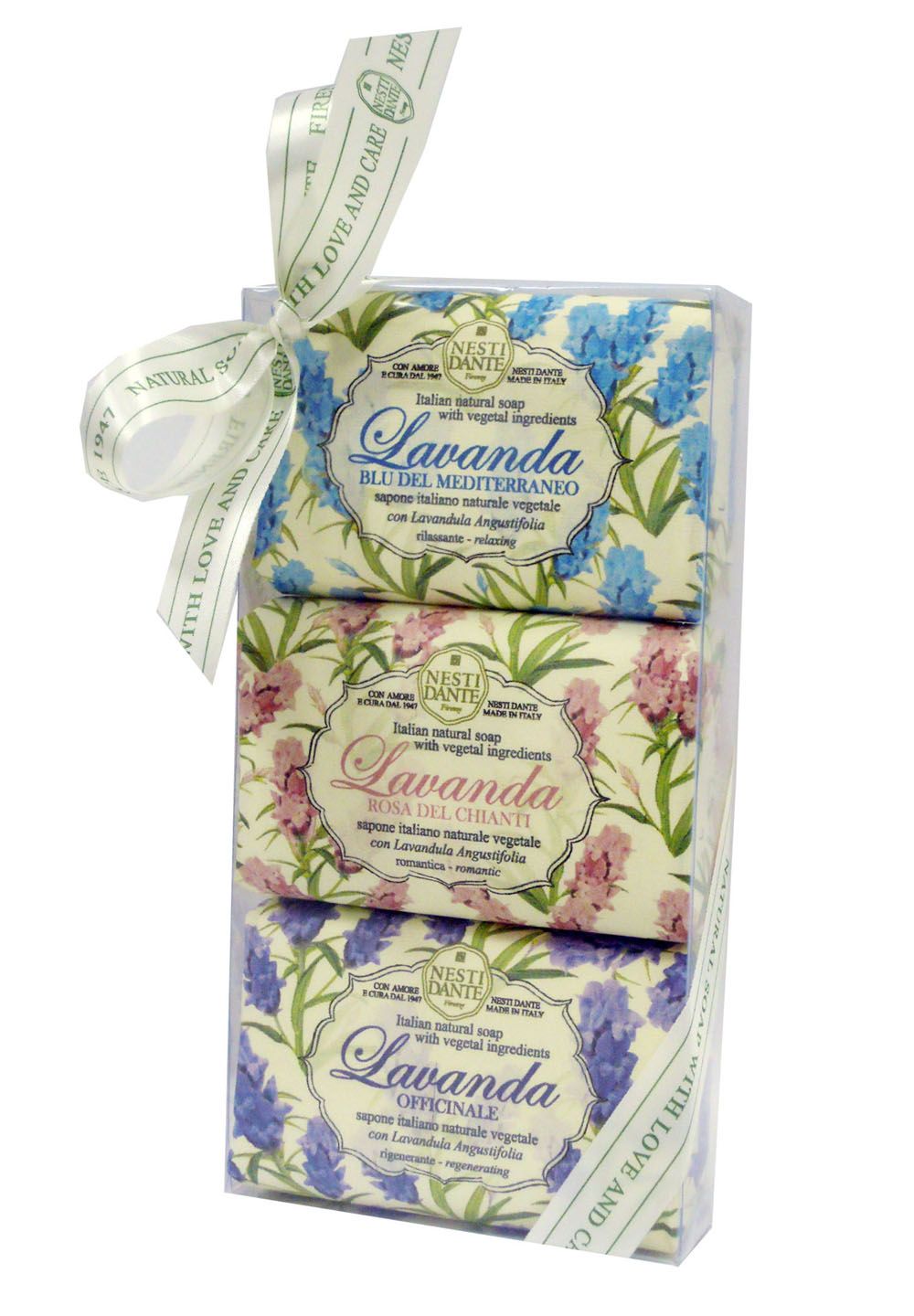 Geschenkset mit drei Seifenstücken. Jedes Stück hat ein Lavendel-Design und ist in einer transparenten Box verpackt.