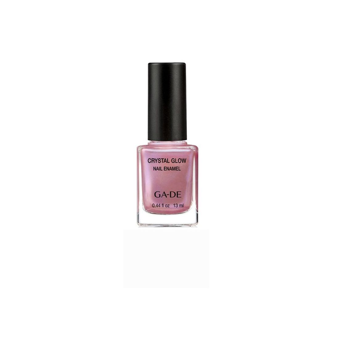 Ga-De Crystal Glow Nagellack. Flasche mit rosa Inhalt, schwarzem Deckel. Aufschrift: Crystal Glow Nail Enamel, Ga-De, 0.44 fl oz, 13 ml.