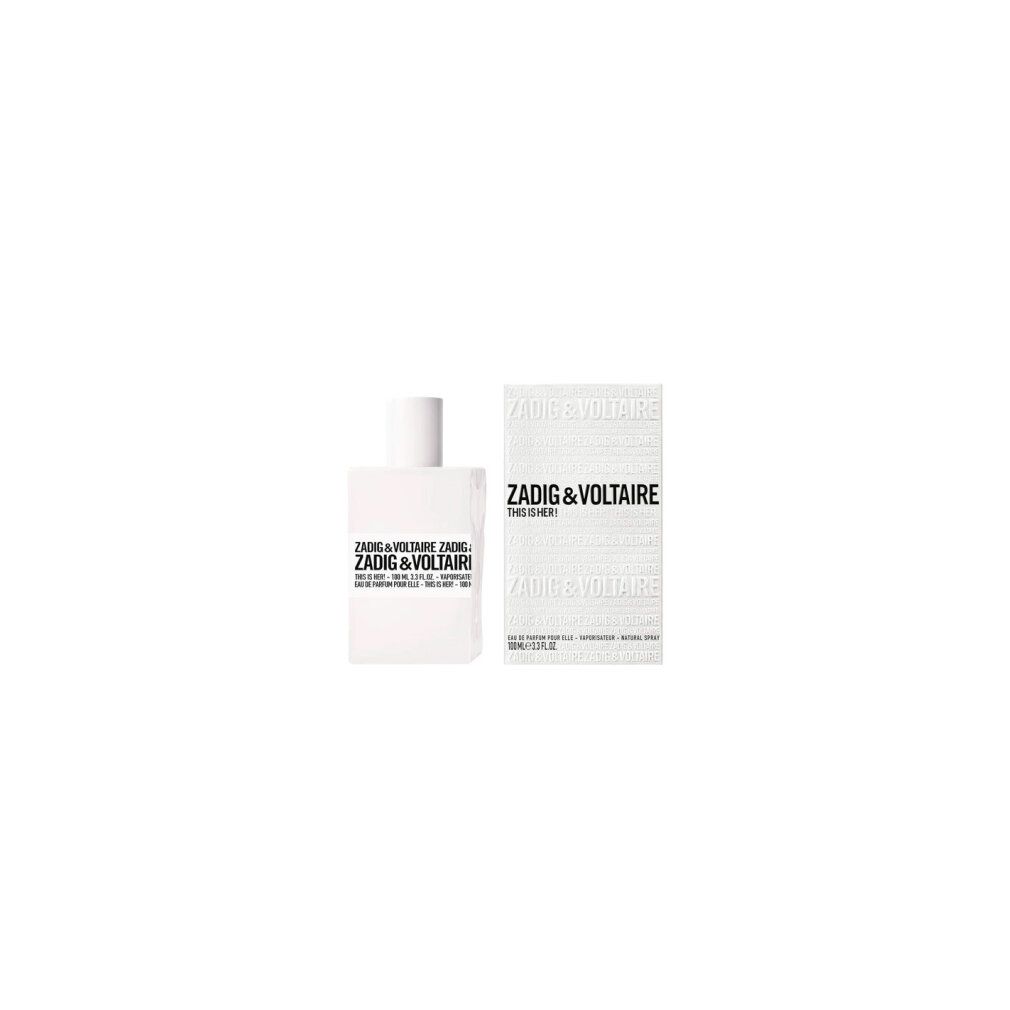 Weißer Flakon und Verpackung mit Zadig & Voltaire. Text: This is Her! Eau de Parfum. 50 ml.