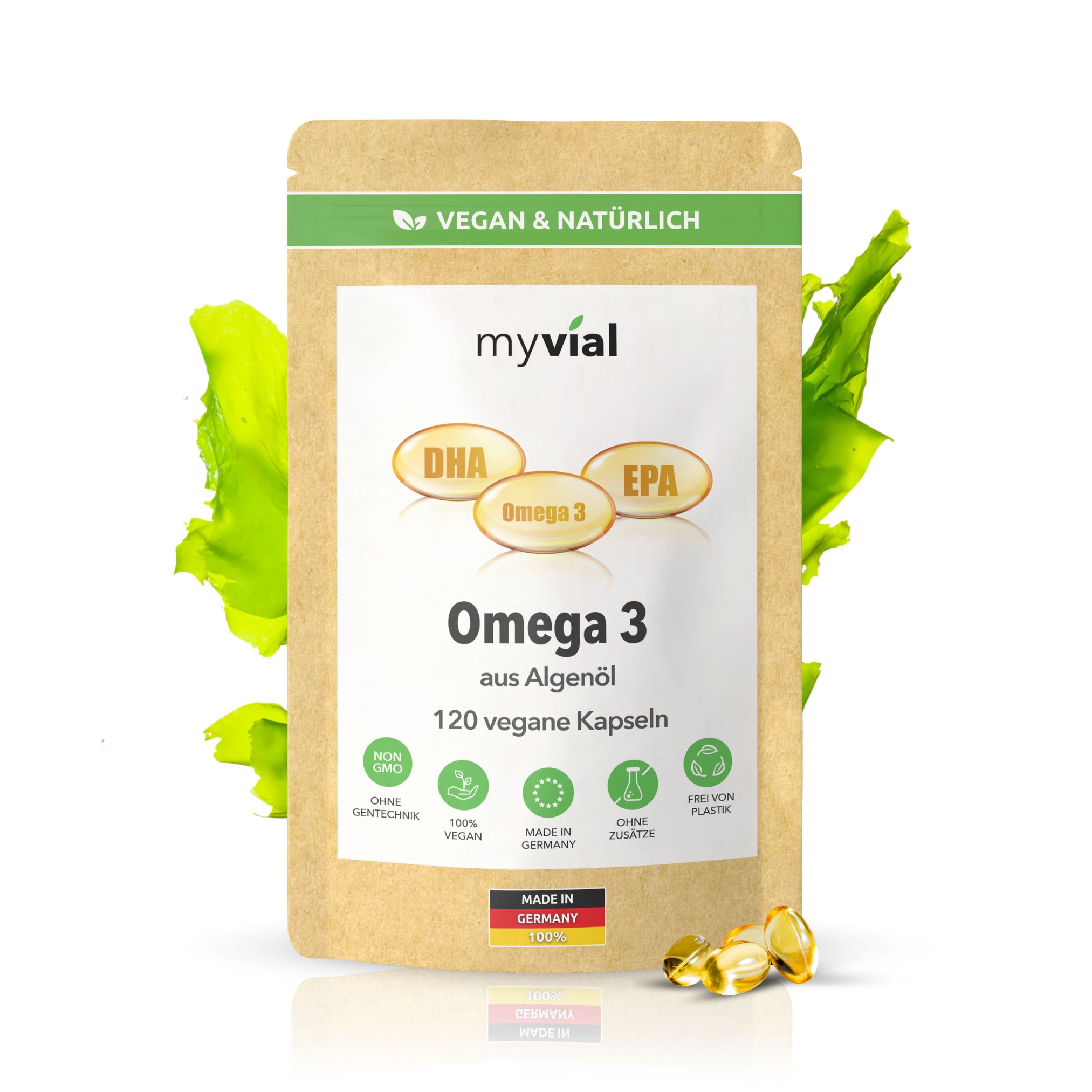 myvial® Omega 3 Kapseln - vegan aus Algenöl EPA & DHA - 600 mg hochdosiert