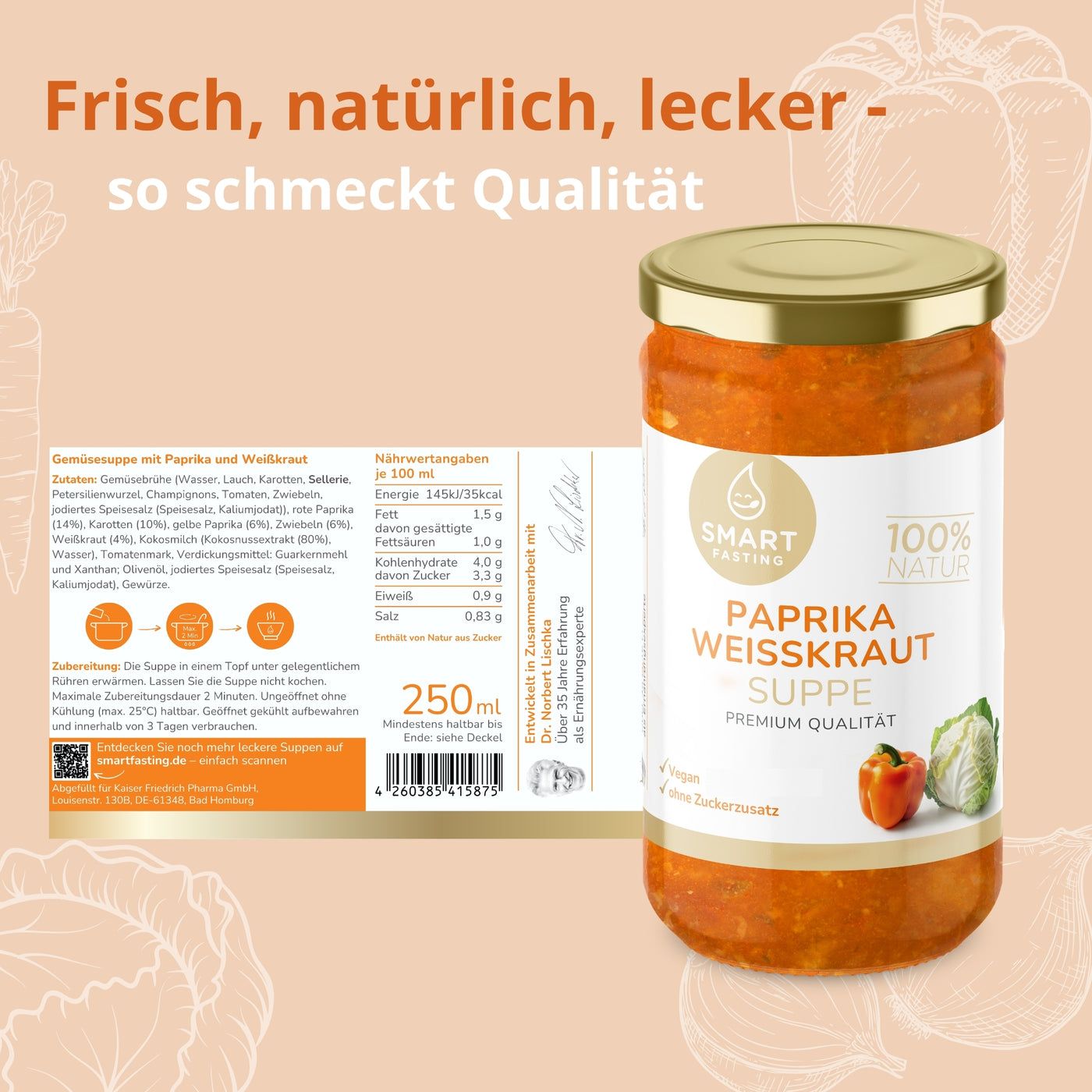 Glas mit Paprika Weißkraut Suppe. Text: Smart Fasting, 100% Natur, 250ml, Nährwertangaben. Zutatenliste. Zertifizierung: Über 35 Jahre Erfahrung.