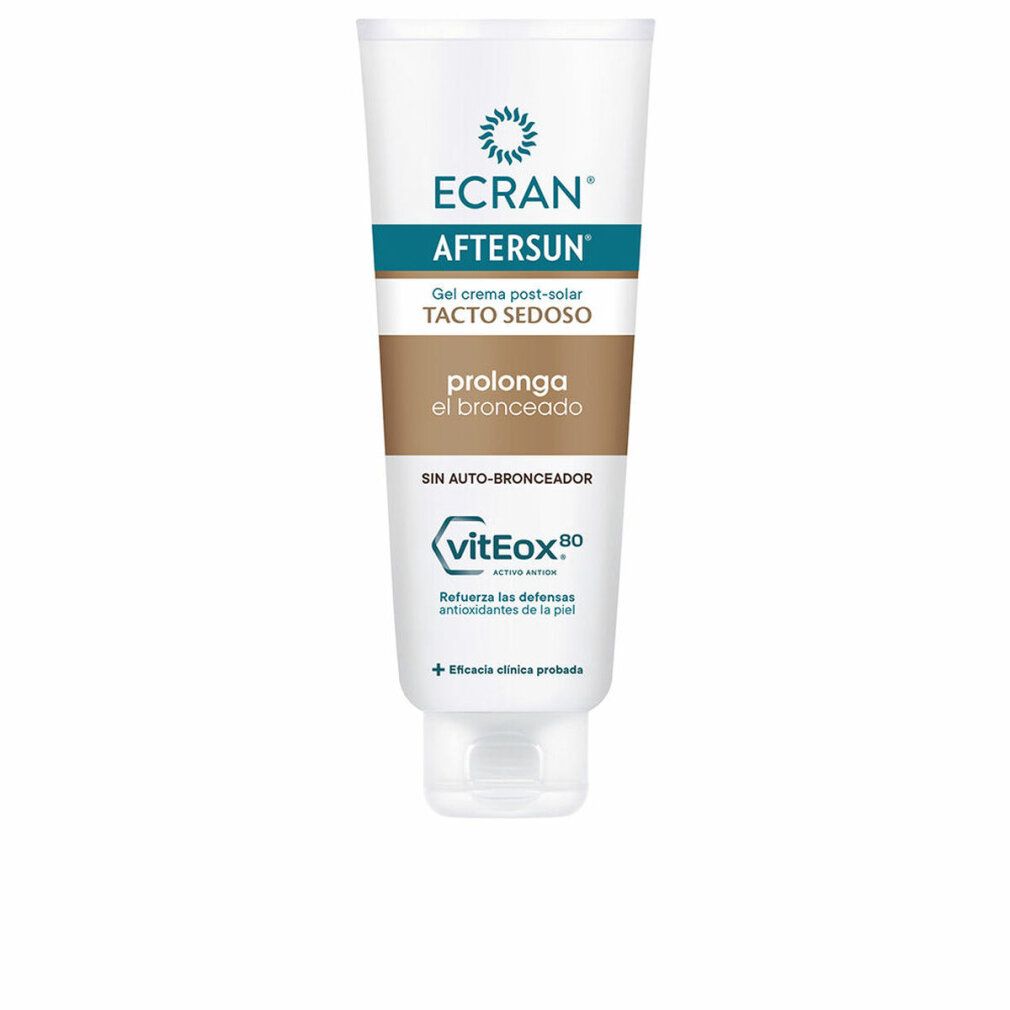 Weiß-türkisfarbene Tube. Aufschrift: ECRAN AFTERSUN, Gelcreme post-solar, prolonga el bronceado, vitEox 80.