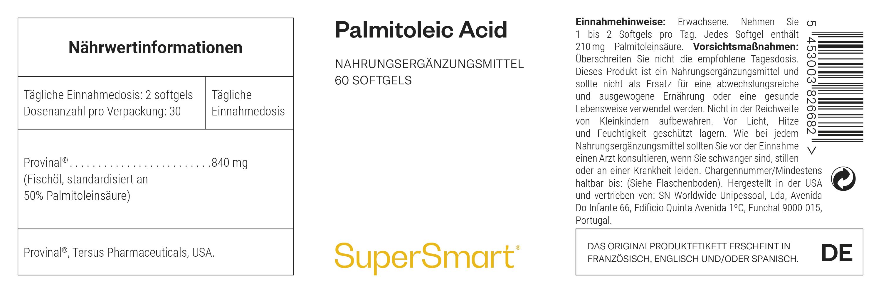 Etikett mit Informationen zu Palmitoleinsäure-Nahrungsergänzungsmitteln. Enthält Nährwertangaben, Dosierung und Herstellerinformationen.