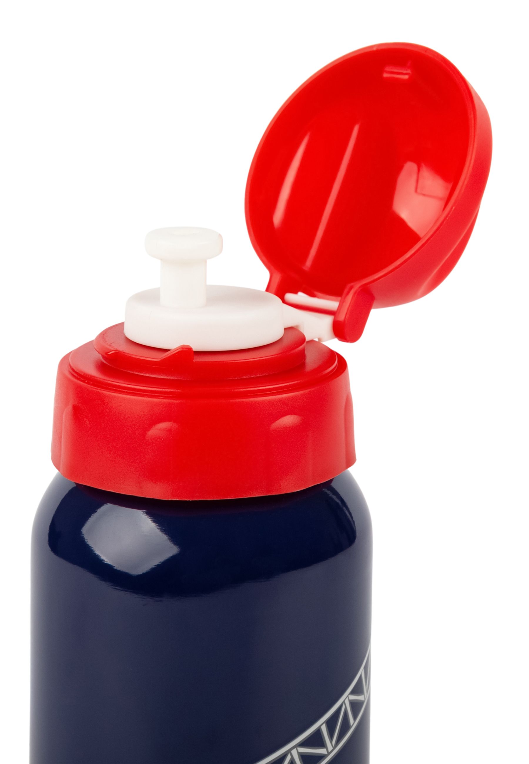 Dunkelblaue Trinkflasche mit rotem Deckel, geöffnet. Weißer Verschluss. Edelstahlflasche.