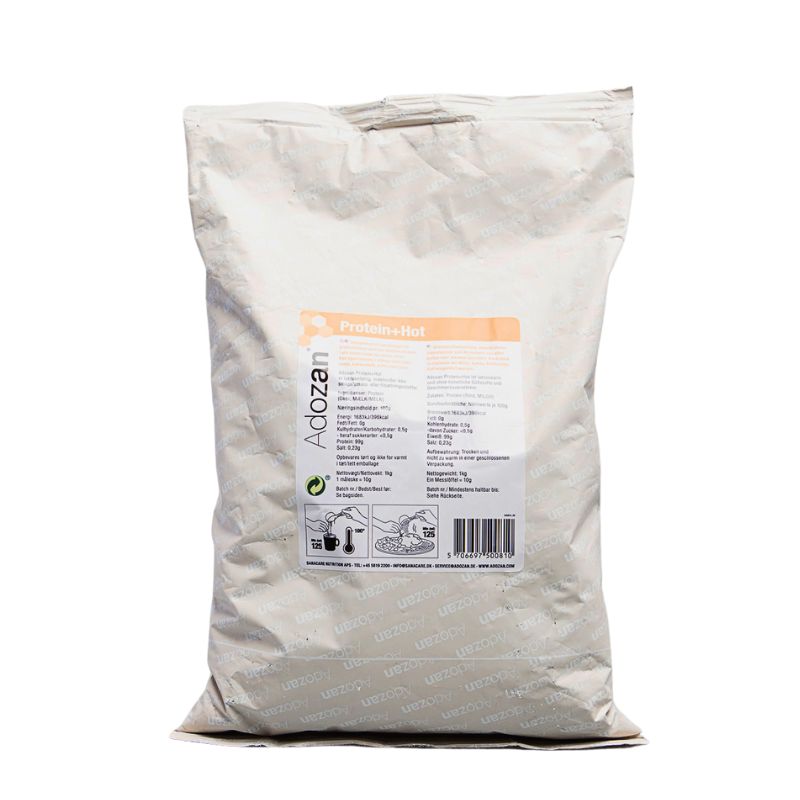 Beutel mit Adozan Protein+Hot. Aufdruck mit Produktinformationen und Zubereitungshinweis. Graue Verpackung.