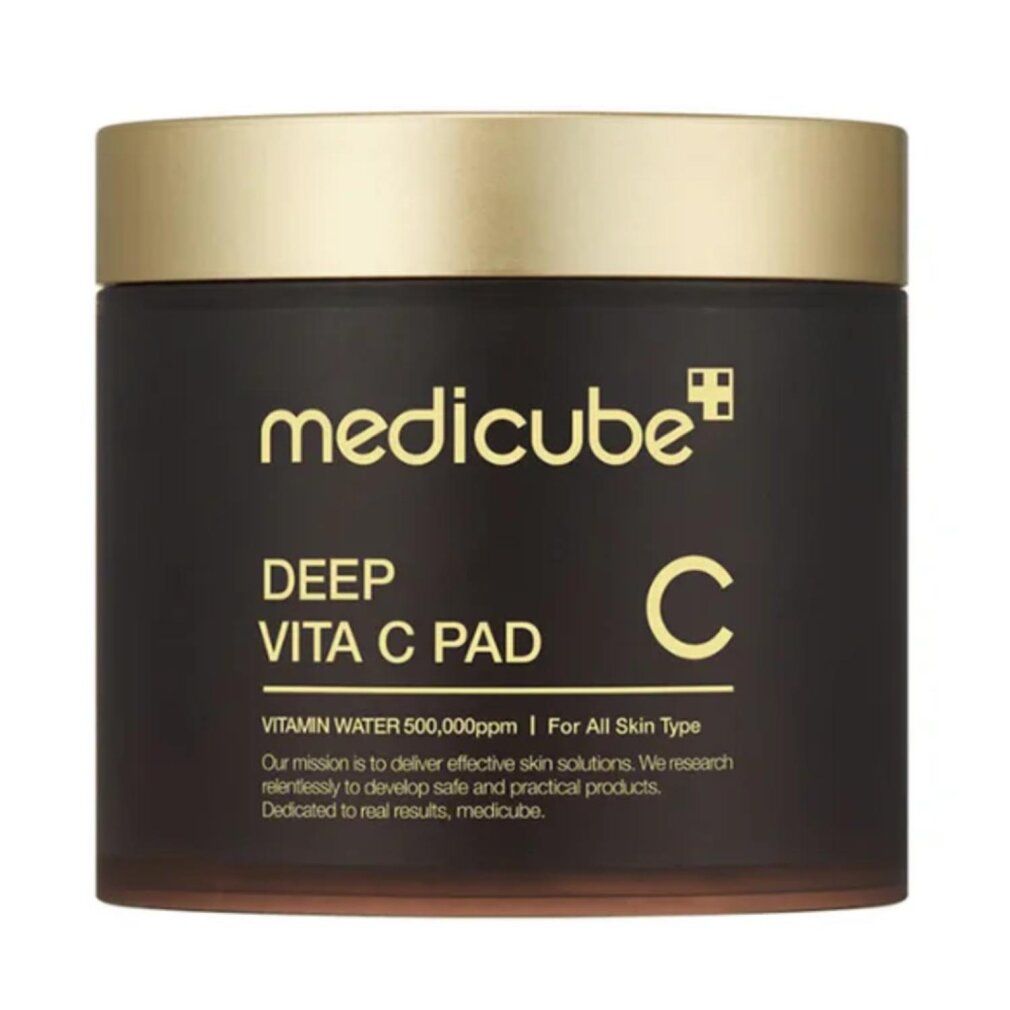Medicube Deep Vita C Pad Tiegel, Vorderansicht mit goldfarbenem Deckel.