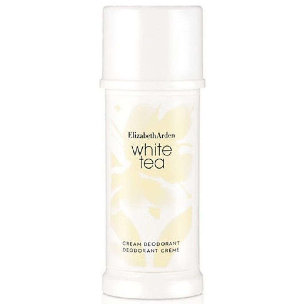 Weißer Deodorant-Creme-Stick von Elizabeth Arden. Weißer Deckel, weiße Verpackung mit floralem Muster und Schriftzug.