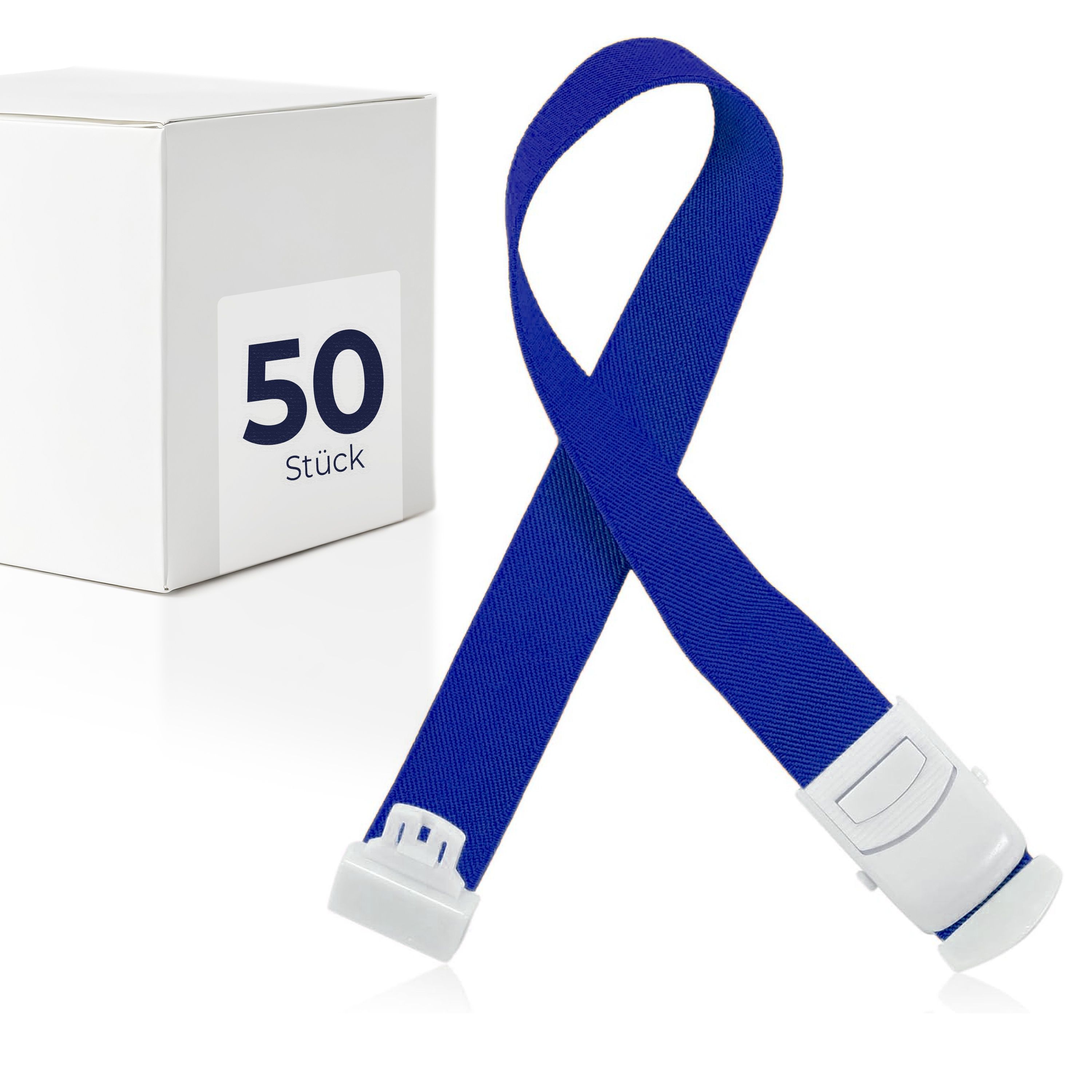 Blaues Tourniquet mit weißem Verschluss. Daneben eine weiße Box mit Aufschrift "50 Stück".