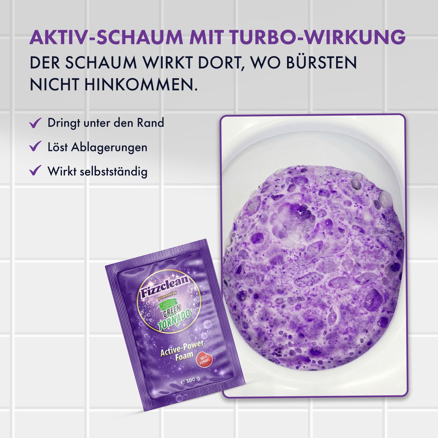 Lila Schaumreiniger in einer Toilette, daneben eine einzelne Packung Fizzclean.